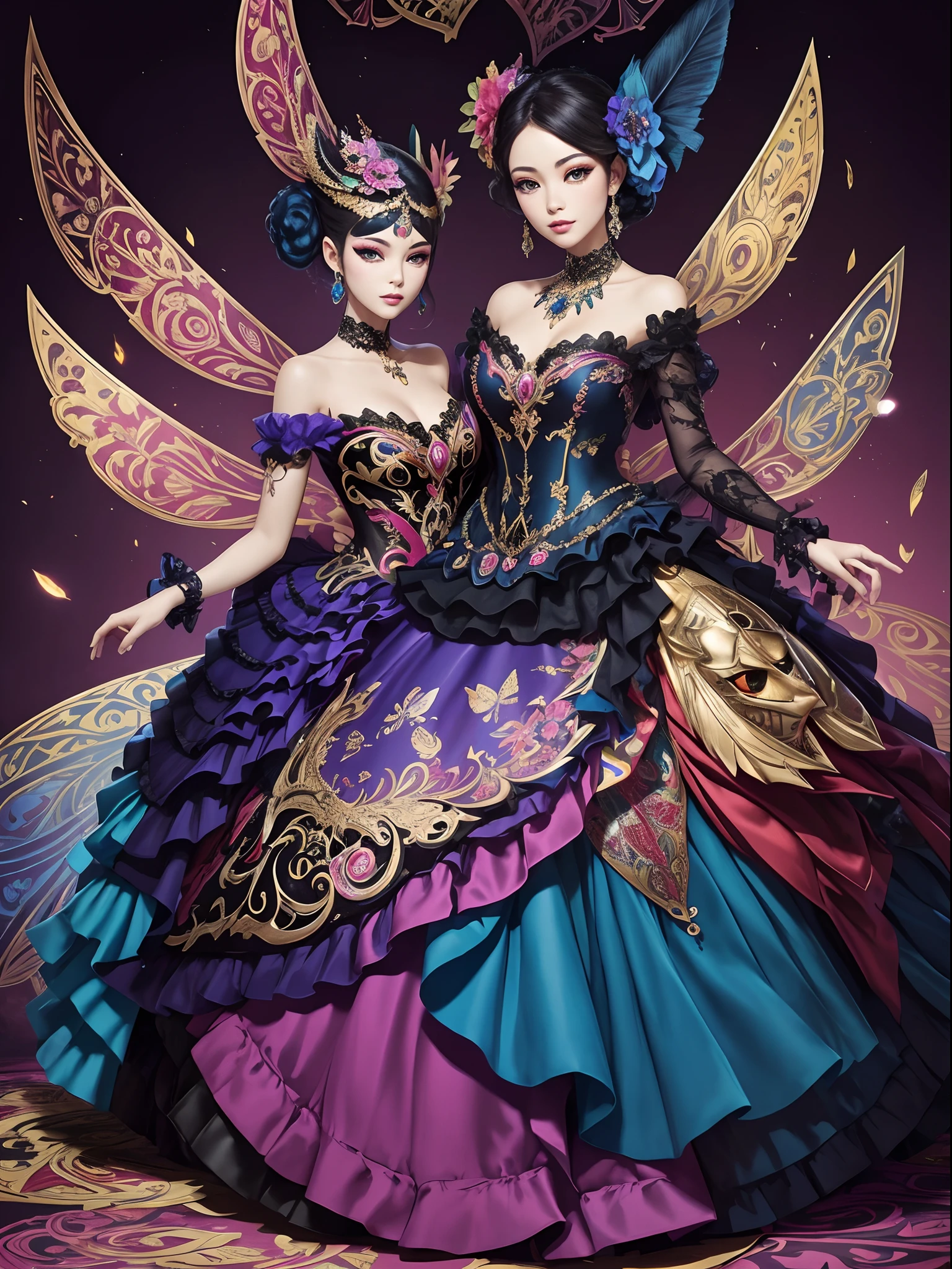 Vibrant colors、((masterpiece)))、(((top-quality)))、((ultra-detailliert))、(A hyper-realistic)、(highly detailed CGillustration)、Decadent、Madame Papillon、Masquerade、Elegance、Gorgeous、Masks that cover most of the face、Colorful and detailed mask design、matchless beauty、Fans、Gorgeous Cocktail Dresses、jewely、Perfect Angle、perfect-composition。full body Esbian