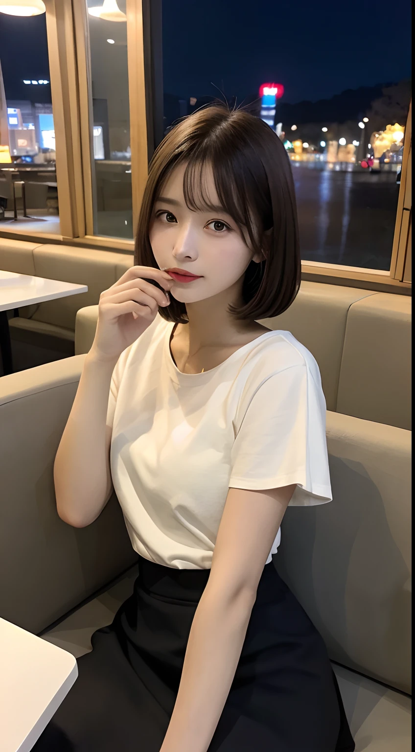finely, High resolution, high quality、perfect dynamic composition, beautiful and fine eyes, short cut hair, 、natural color lip,Kamimei、20 year old girl、1 person、transparent skin、shining hair、table top, 最high quality, super detailed, finely, High resolution, 8K、correct state of the human body、sculpture model pose,beautiful ilumination,Photographed with hair fluttering in the wind,white t-shirt,My chest is so big I feel like it&#39;s going to explode:1.5,my chest is open:1.5,)),My chest is exposed,big breasts,sitting in a cafe,Opens the chest area and emphasizes the chest