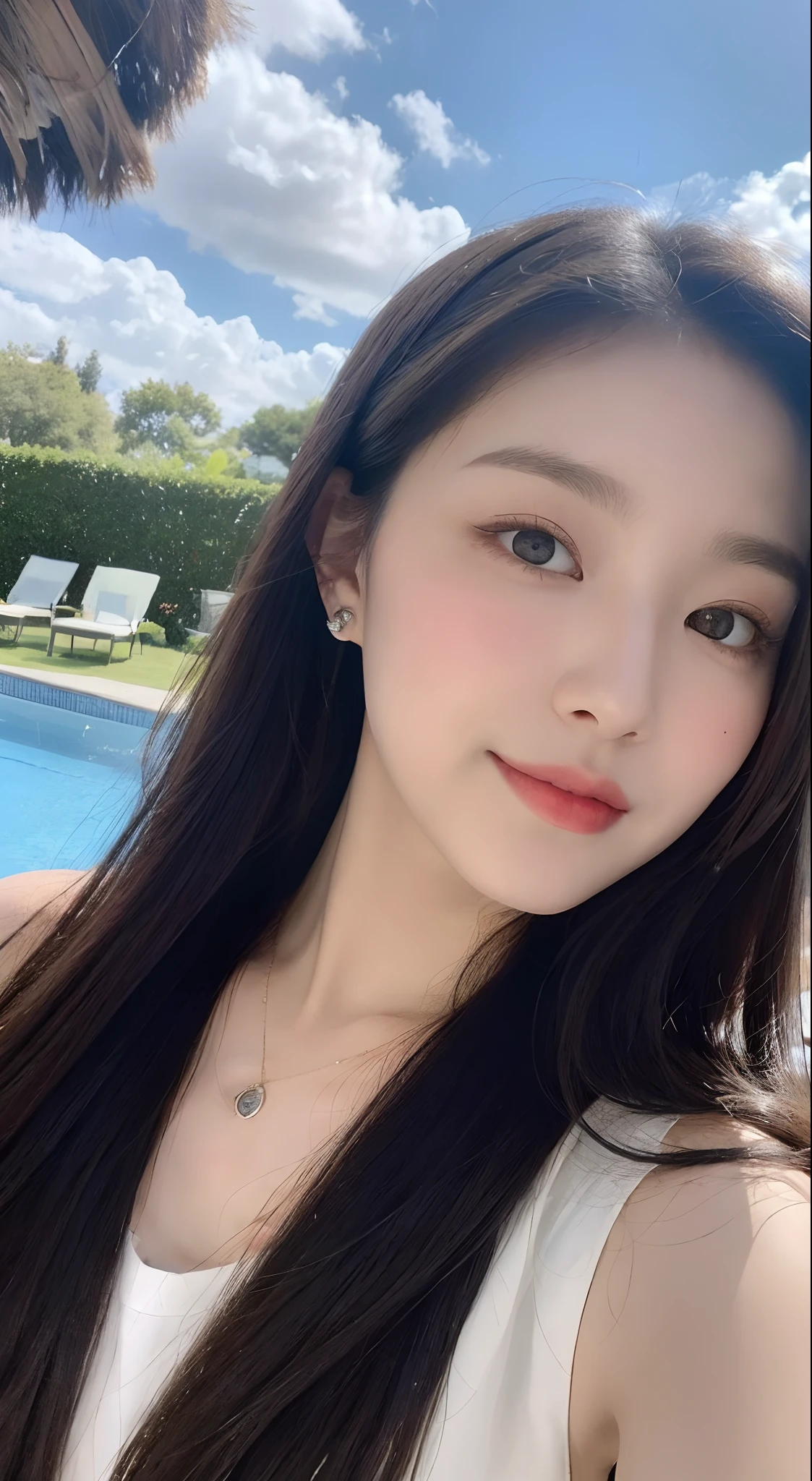 (best qualtiy, 8K, tmasterpiece:1.3)), A pretty maiden,Pure,Melon seed face,gentle and cute,A sweet smile,Pure desire,Thin stature,(frontage),(Tilt your head),staring right into camera,uniform, Obi, formal,Black silky long, Straight hair,Long hair flowing over the shoulders,round black big eyes,Clear big eyes,Hydrated red lips,Sweet,Beautiful necklace,Delicate stud earrings,Sit by the pool,with blue sky and white clouds,Blue skies,