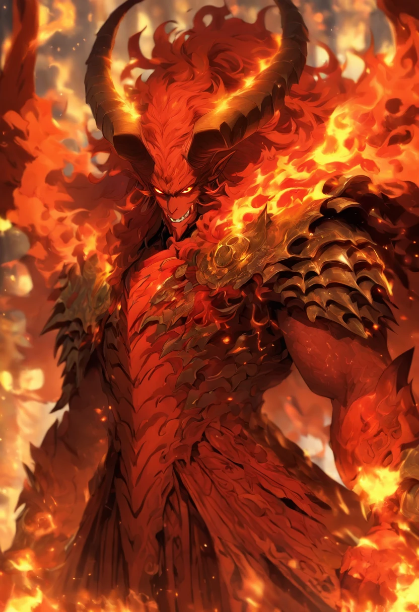 Male anime character with long fiery red hair and blonde eyes, Character Album Cover, full art, fantasy character, full art illustration, full portrait of elementalist, character profile art, official character art, official character illustration, merlin, high detailed official artwork,A demon in armor,((red flames,Burning flames,A cloak of flame shaped like wings:1.3)),Hot hell,Fire Demon Ifrit,Wrapped in a powerful set of armor. The metal plate is decorated with an intricate design,Reminiscent of a flickering flame licked on the surface.((Devil's horn that curves backwards,Huge double horns:1.3)),((Tall monster body,Red sparks of various sizes kept oozing from his body:5 ·)),((An orange heat wave spreads around the character，Launches around the center of the character:1.3)),(8K, Best quality, tmasterpiece:1.2),\(eye detailed\),\(Facial features\),(\(Clothes detail details\)\),(long leges:1.3),full bodyesbian,(Facial focus) ,Very detailed CG unity 8K wallpaper,hugefilesize,ultra - detailed,A high resolution,absurderes,beautidful eyes,Ray traching,dramatic shadow,finely detailled,Dramatic angles,Hyper-detailing,(HEIGHT 185CM),Excellent foot-to-length ratio