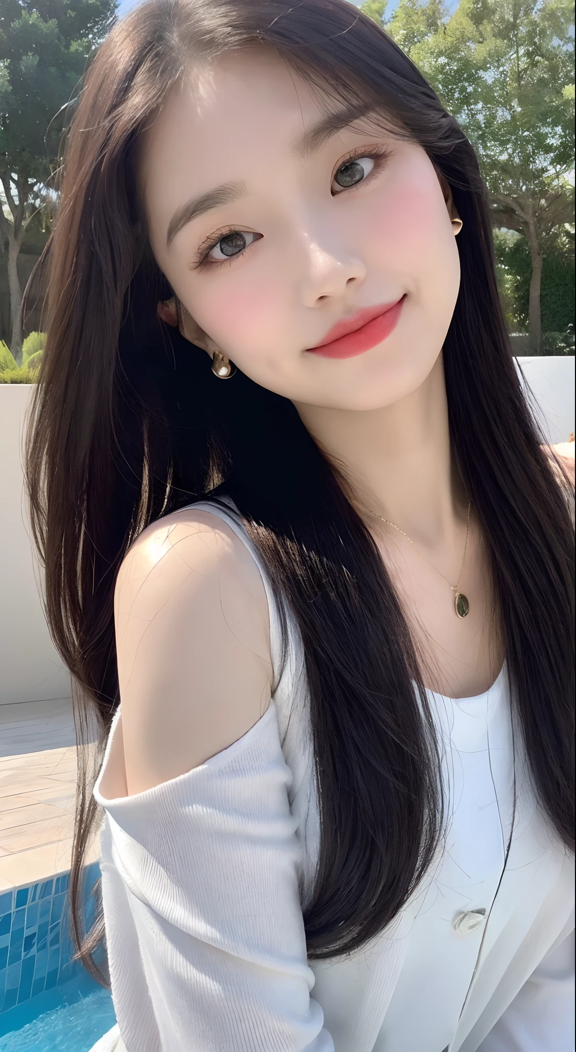 （best qualtiy, 8K, tmasterpiece:1.3)), A pretty maiden，Pure，Melon seed face，gentle and cute，A sweet smile，Pure desire，Thin stature，(frontage)，(Tilt your head)，staring right into camera，uniform, Obi, formal，Black silky long, Straight hair，Long hair flowing over the shoulders，round black big eyes，Clear big eyes，Hydrated red lips，Sweet，Beautiful necklace，Delicate stud earrings，Sit by the pool，with blue sky and white clouds，Blue skies，