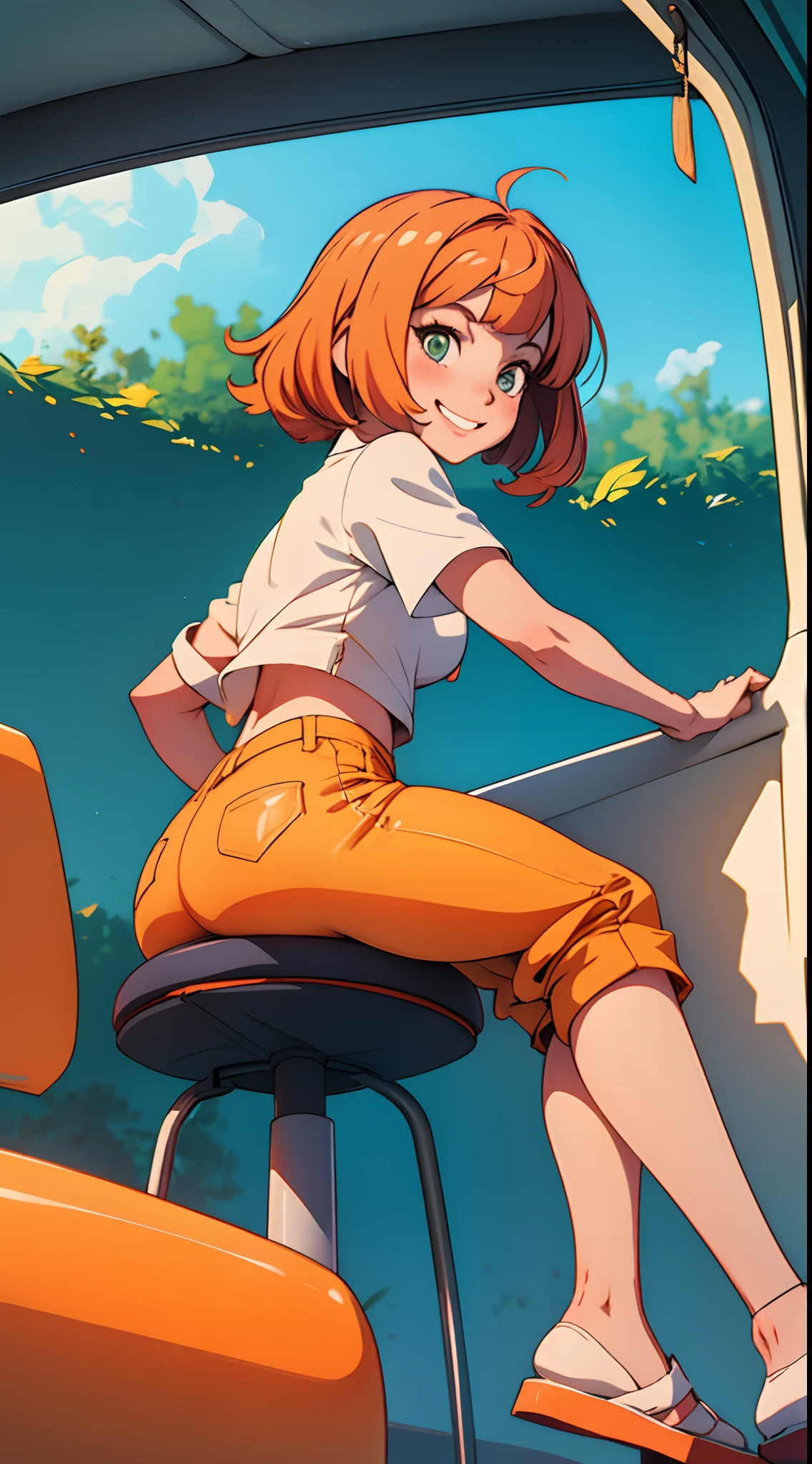 Anime style Hair is orange ass big Short Bob Girl Sit in the front seat Pull up your skirt Show off your pants Spiteful smile Turning the hand into a tube Shake up and down