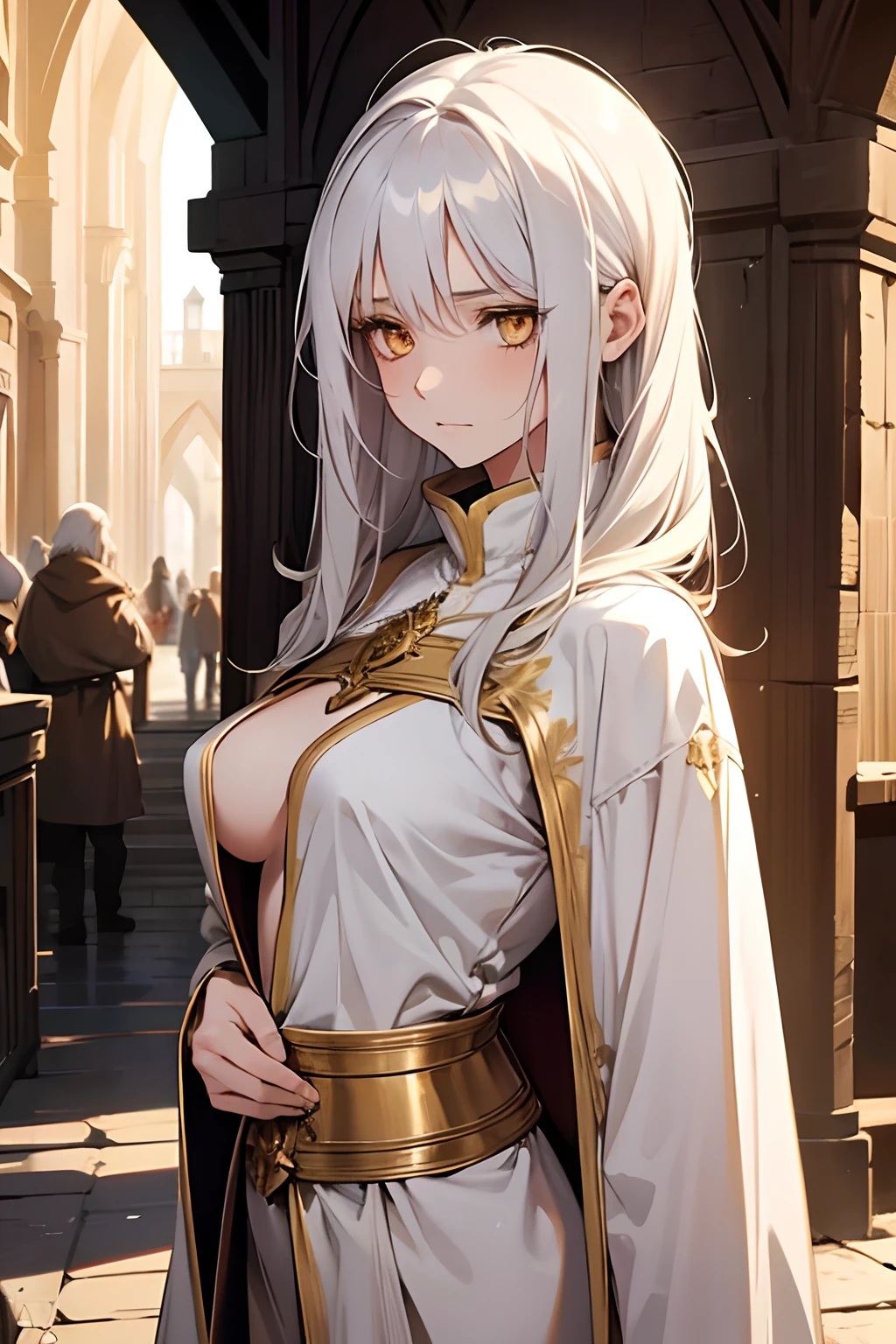 1girl, adult, mature face, age 35 face, long white hair, golden eyes, innocent, shy, priestess, medieval fantasy, small breasts, soft breasts