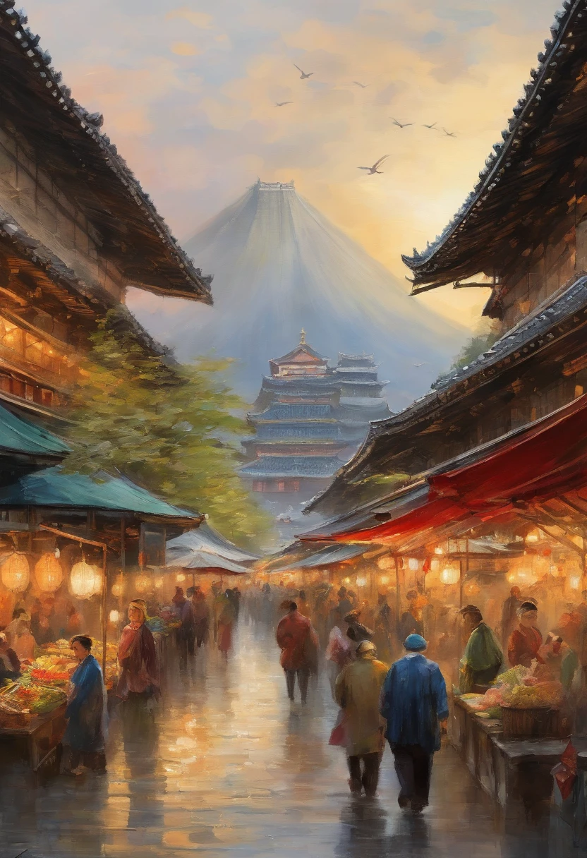 Kimono-style people々, Blurred background, Water City Osaka, Best Quality, Best Illustration, The best lighting, amazing quality, Highly detailed 8kCG backgrounds, Detailed eyes, Detailed face, detailed hairs, Midosuji, F2.1, There were a lot of people walking.、Woman looking up at the sky, market, Water market, walking down the street, Osaka Castle in the back,