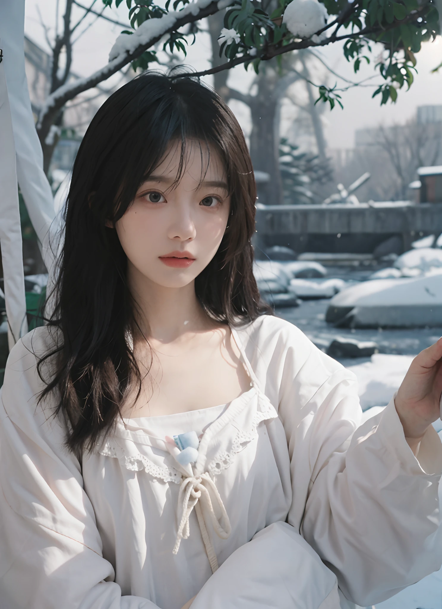 best qualtiy, 超高分辨率, (realisticlying:1.4), one-girl,Pink Long Hair, A pair of clear and moving eyes,Royal Sister,Snow-white cotton coat, looking at viewert, closeup cleavage ,