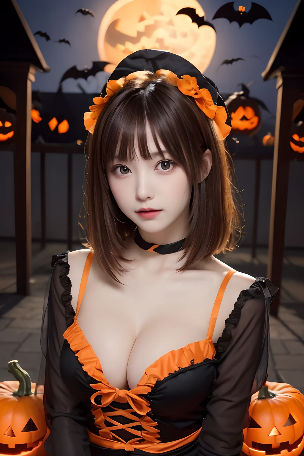 masutepiece, Best Quality, One girl, (Beautiful Girl:1.3), (18 years old:1.3), Very fine eye definition, (Symmetrical eyes:1.3), Big yellow full moon, (Sexy Halloween Costumes, Beautiful collarbone:1.2), Beautiful breasts, Brown eyes, Parted bangs, Brown hair, Petite girl, Dracula's Castle