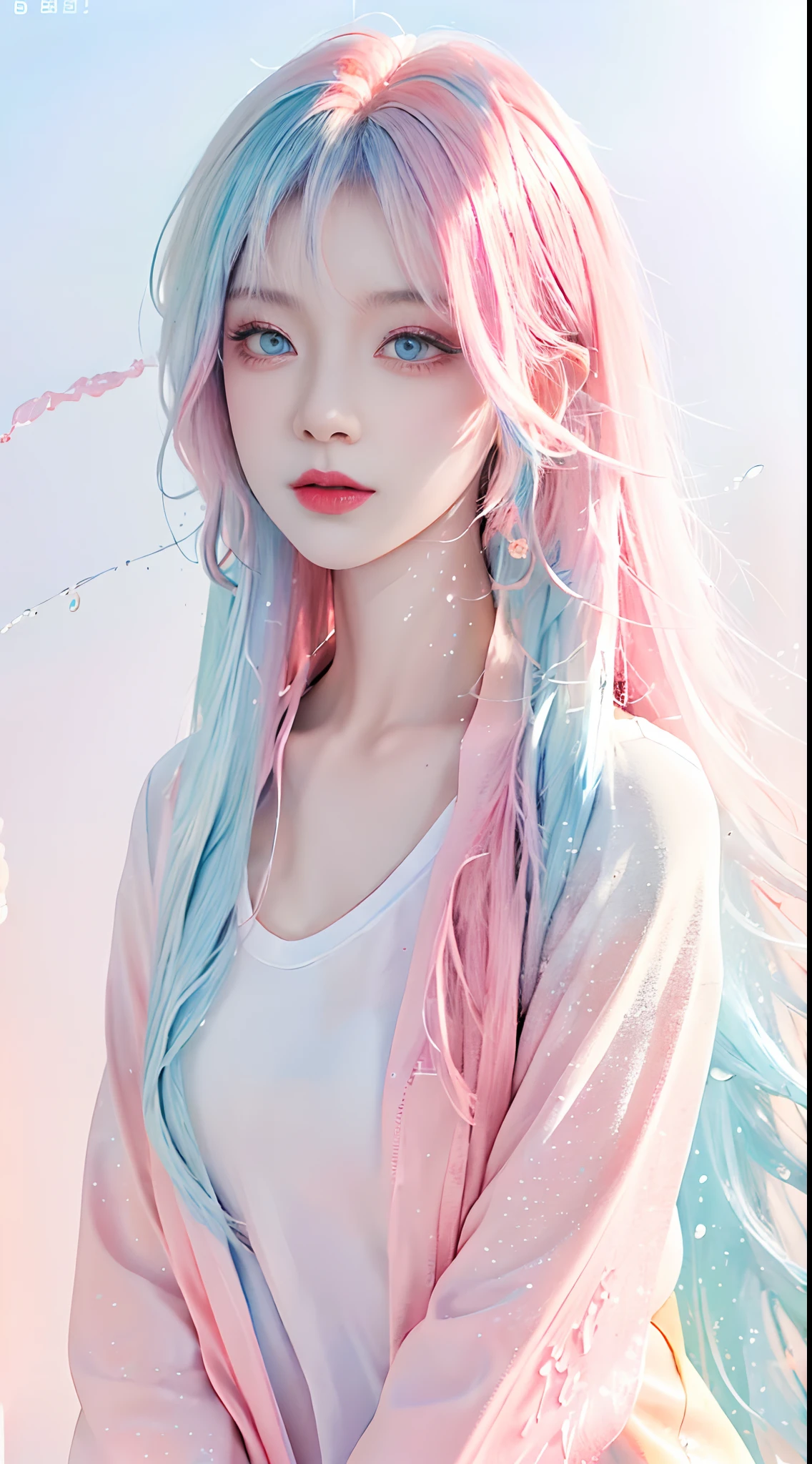 (Masterpiece, Best Quality, High Resolution), White Background, Acrylic Paint, ((Color Splash, Splash of Ink, Color Splash)), Sweet Chinese Girl, Long Light Blue Hair, [Light Blue|Pink] Hair, Curly Hair, Glitter, Peach Lips, White Shirt, Front, Upper Body