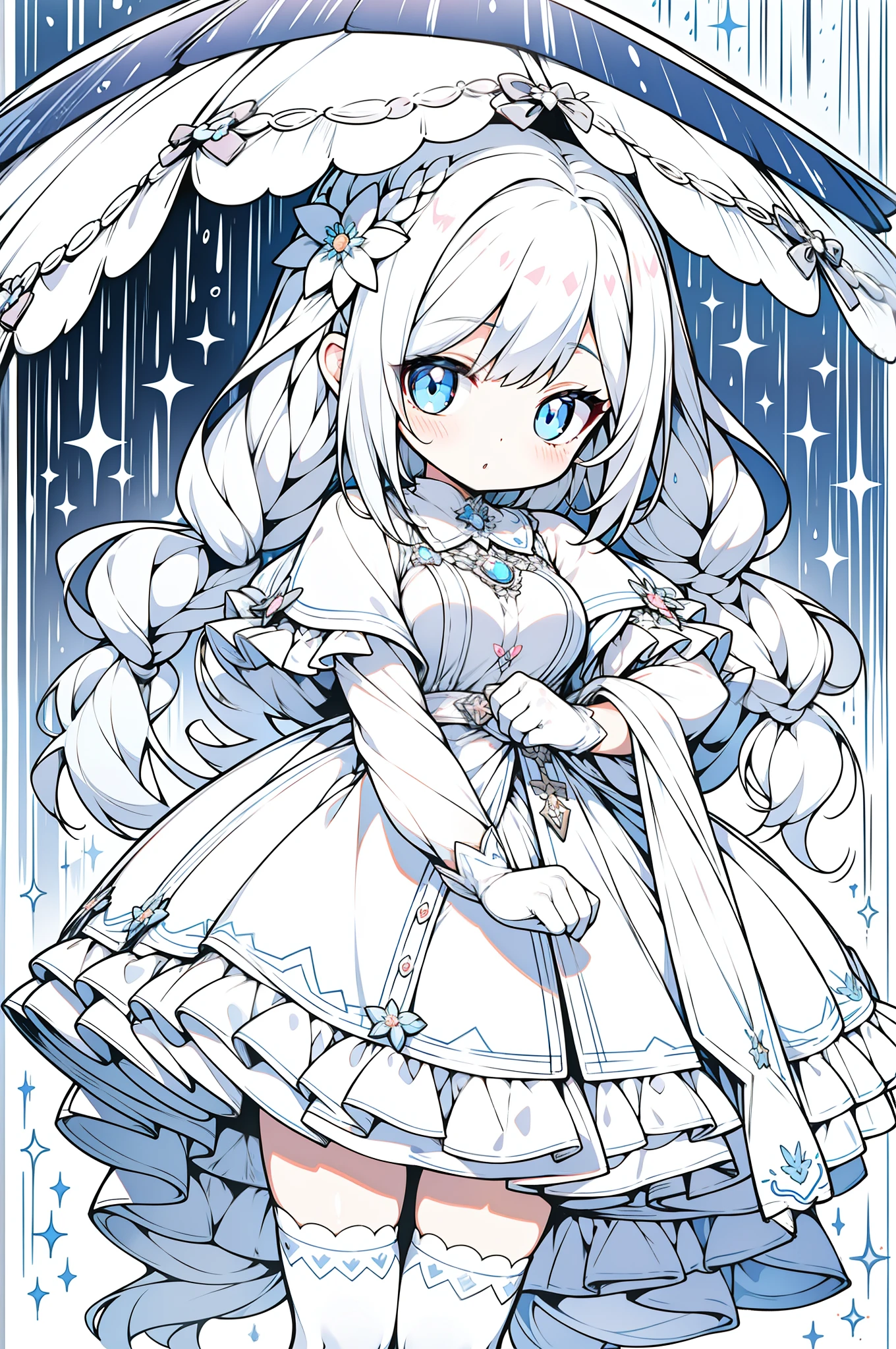 1girll, full bodyesbian, ,Wear a modernist coat,Rainy days,, Light gray hair, long whitr hair,Double up braid,bangs detached, Blue bright eyes, Big eyes as perfect as diamonds, Cute, Character design, Detailed, anime big breast, Official, flower pattern, Pink detail with sequins and brush, clip studio paint, csp, ......PSD,white stockings,。Small chest,Black and white clothing,White lace gloves,beautiful weather,has a tail