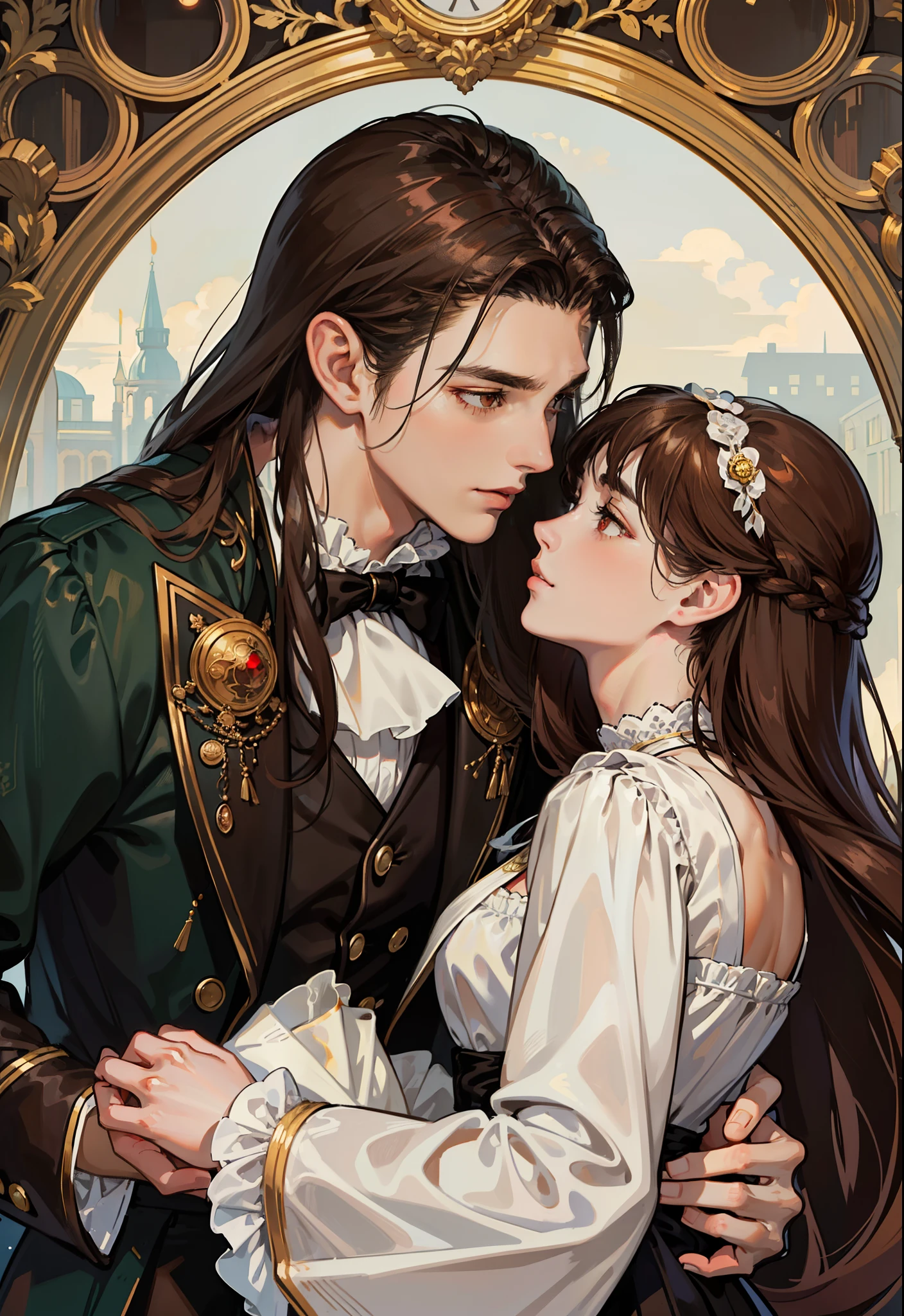 ((masterpieces)), best quality, outstanding illustration, a couple kissing, soft focus, 1 boy with long black hair, RED EYES, 1 girl with long brown hair, BROWN EYES, Victorian clothes, Victorian romanticism, opulent and exquisite atmosphere, soft light and warm lighting.