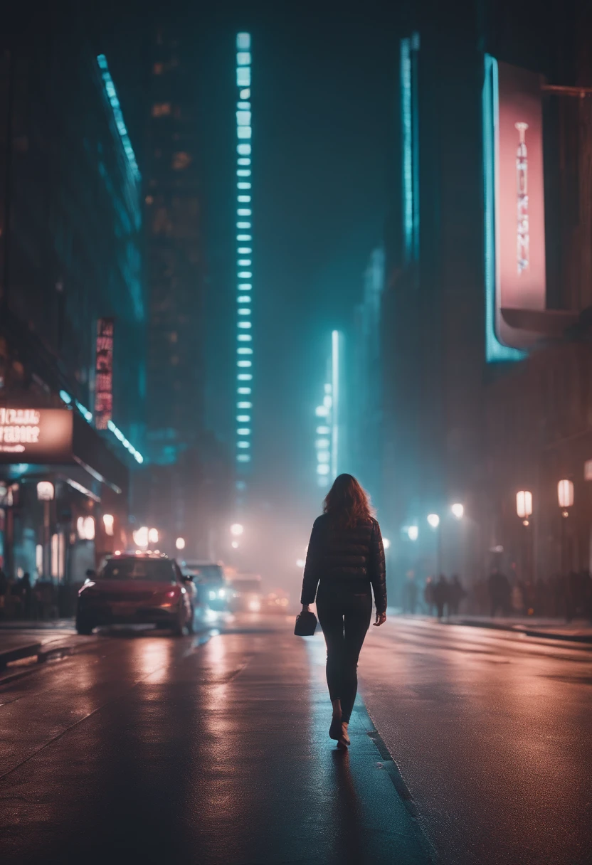 1woman walking down a street in a big city, synthwave style