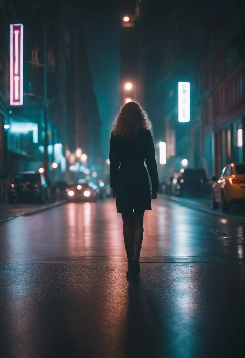 1woman walking down a street in a big city, synthwave style