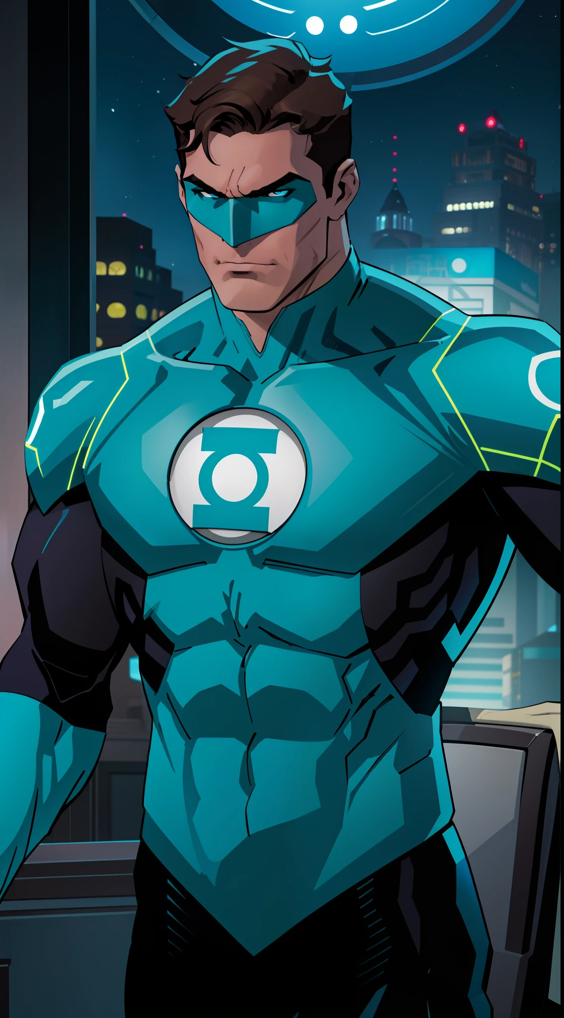 Blue Lantern, Hal Jordan, 30 years old, tall, hunk, lean muscle, short hazel hair, all neon cyan blue and black suit, light neon blue lantern logo on the chest, best quality, masterpiece, high resolution, blue ring on his right middle finger, dark blue eyes mask, straight face, detailed face, detailed suit, upper body, flying