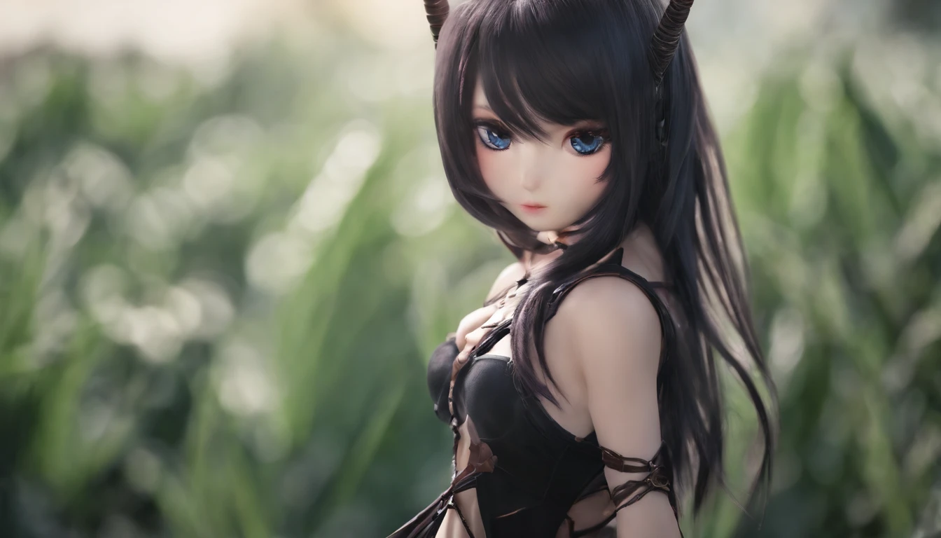 Dragon Girl Anime Version of 1.68 cm de estatura cabello negro con degradado azul largo hasta los gluteos, con medias a rayas blancas y negras, cuernos que salen de su frente Izquierdo negro y derecho blanco, Ojos de color distinto azul izquierdo y derecho morado, usa lentes, usa un top de mangas largas con una falda mediana negra y botas largas negras