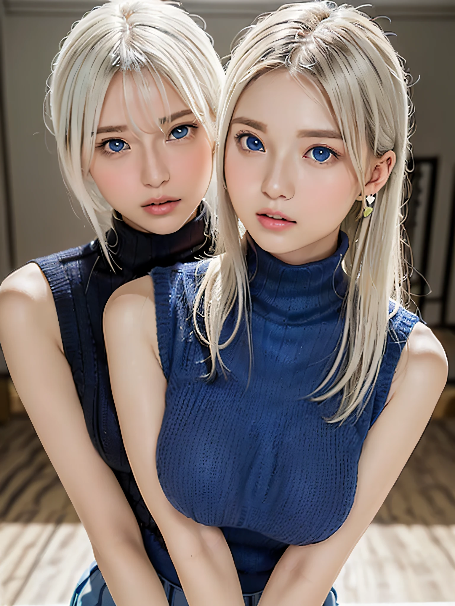 (((Shot from a low place:1.7), simple gradation background:1.4)), (masutepiece, Best Quality, (Realistic, Super Real, Super Reality:1.5), (Photography)), ((2girls, duo:1.8)), (Neat and innocent personality, Gentle atmosphere:1.4), ((white color hair, (Straight very long moist hair):1.5)), (Smile:0.9), (eyes gentle), (Looking at Viewer, cinemagraph), BREAK (((Perfect beauty, Very porcelain skin, Very fair skin, Quality and beautiful skin:1.5)), Super Smart, (Faces with random and very beautiful details:1.4), (Symmetrical beautiful face, symmetrical beautiful eyes, (blue color eyes:1.2), Fine Eyes Detail, Fine face:1.3), (Large eyes, Hyper Detail Eyes, Very clear eyes:1.4), ((2females:1.4)), up of face, Slender face、Smart face, light brown hair, Blunt bangs, hair behind ear, hair over shoulder, Long hair, slender body shape, Ultra Fine Face, Thin face, Delicate lips, Keep your mouth shut, Beautiful eyes, thin blush, eyes are light brown, perfect glossy skin, flawless skin, View here, Ultra-thin hands, Ultra-fine fingers:realisitic:1.5), One-person viewpoint, Fuji Film, 8K, masutepiece, nffsw, Super Detail, High quality, Best Quality, hight resolution, ((Don't show your fingertips))、the golden hour　Beautiful light, (((Schoolgirl Uniform)))、((White Short Sleeve Low Cut (Sleeveless Tight Turtleneck Fabric Thin Summer Knit:1.4)))、((Micro Mini Dark Blue Hot Pants))、 ((Very large breasts, firm breasts:1.7)、((Slender body、A slender)))、 (((Positive image:1.3)))、