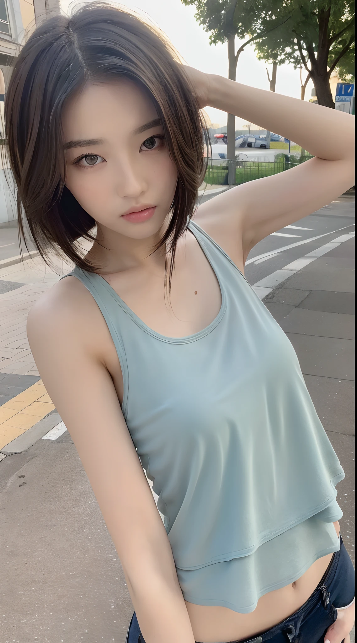 ((Highest quality, 8K, masterpiece :1.3)), One girl, Beautiful woman with slim abdominal muscles :1.3, (Random Hairstyles :1.2), Oversized tank top :1.2, Highly detailed face, Fine grain, double eyelid, Underarm