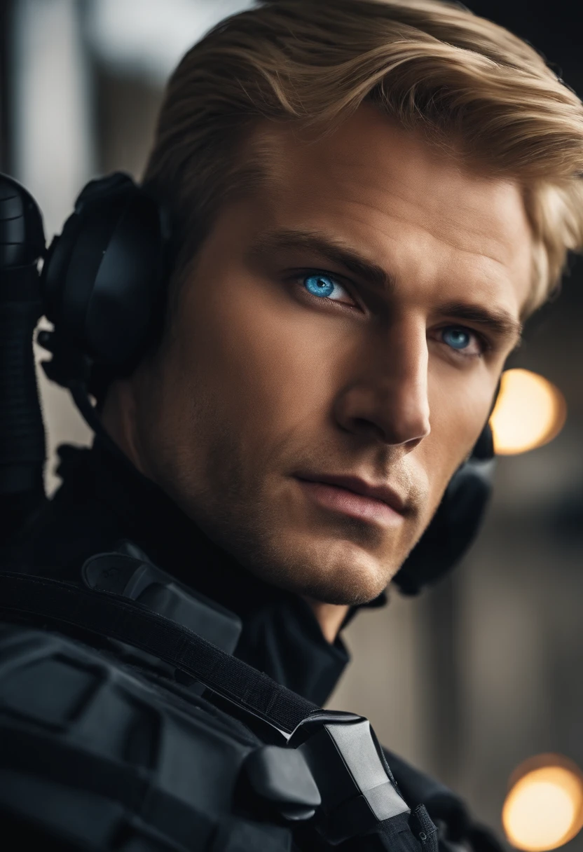 An adult man with blond hair and blue eyes wearing a black SWAT suit
