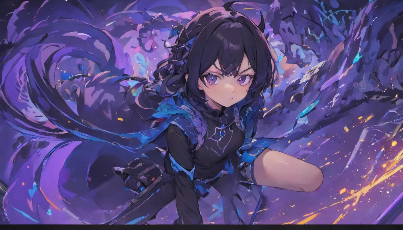 Dragon Girl Anime Version of 1.68 cm de estatura cabello negro con degradado azul largo hasta los gluteos, con medias a rayas blancas y negras, cuernos que salen de su frente Izquierdo negro y derecho blanco, Ojos de color distinto azul izquierdo y derecho morado, usa lentes, usa un top de mangas largas con una falda mediana negra y botas largas negras