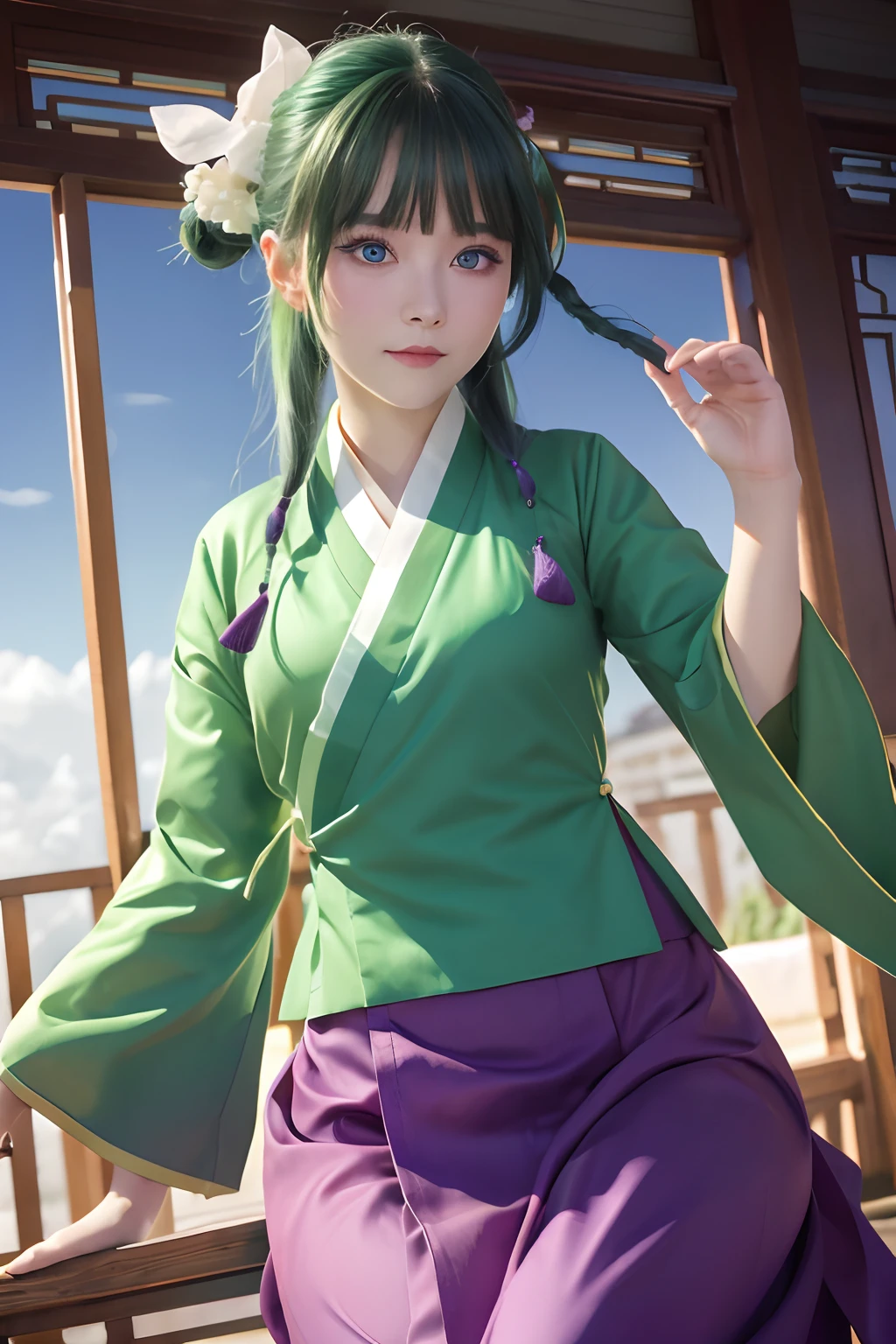 top-quality, 8K, ultra-detailliert, Photorealsitic, 1girll, Maomao, Chinese style kimono, Green outerwear, Purple long skirt, Blue eyes, Green hair