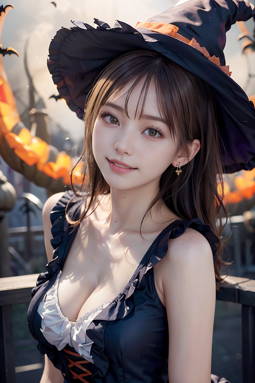 ( masutepiece,Best Quality:1.4),(8K,Raw photo,photographrealistic:1.4), 超A high resolution, (Shiny skin),Detailed skin,(very detailed face and eyes),Eyes with beautiful details,a Pretty Japanese woman,Beautiful face,Smile,( Upstyle:1.2),Earring,profetional lighting,( (Detailed Halloween costumes with frills,Witch Hat:1.3),(model poses:1.3),(Detailed background:1.2)