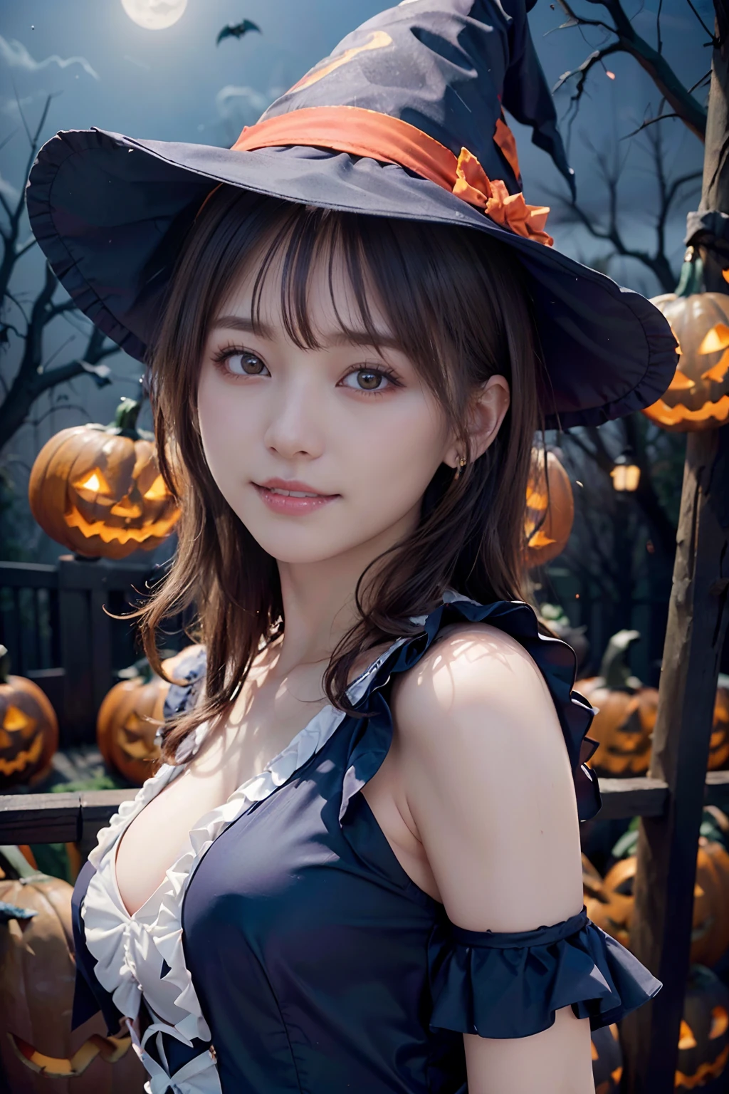 ( masutepiece,Best Quality:1.4),(8K,Raw photo,photographrealistic:1.4), 超A high resolution, (Shiny skin),Detailed skin,(very detailed face and eyes),Eyes with beautiful details,a Pretty Japanese woman,Beautiful face,Smile,( Upstyle:1.2),Earring,profetional lighting,( (Detailed Halloween costumes with frills,Witch Hat:1.3),(model poses:1.3),(Detailed background:1.2)