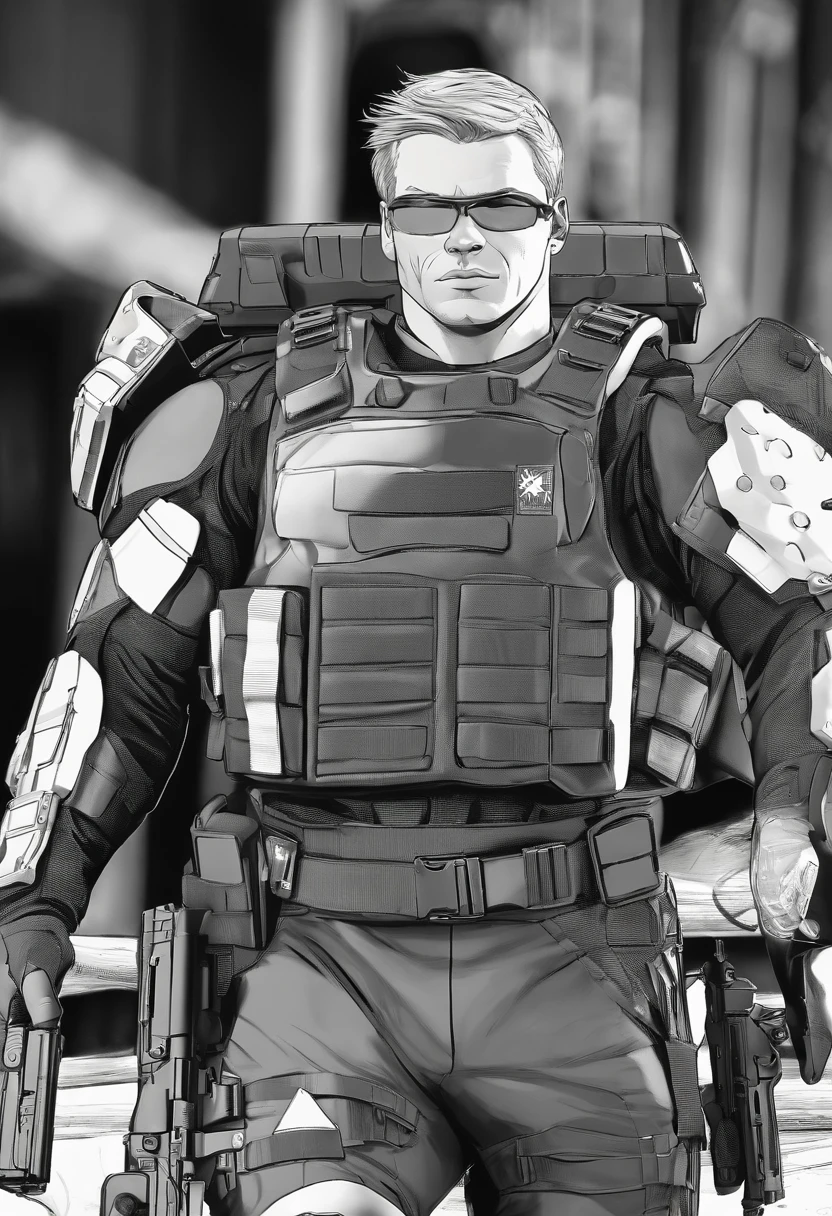 The photo captures a confident, determined adult man with striking blond hair and piercing blue eyes. He is dressed in a sleek, highly detailed tactical black SWAT suit, exuding an aura of readiness and vigilance. His posture radiates a sense of strength and preparedness, suggesting a vigilant protector ready to tackle any challenge. The attire accentuates his focused demeanor, symbolizing an unwavering commitment to upholding safety and security.
