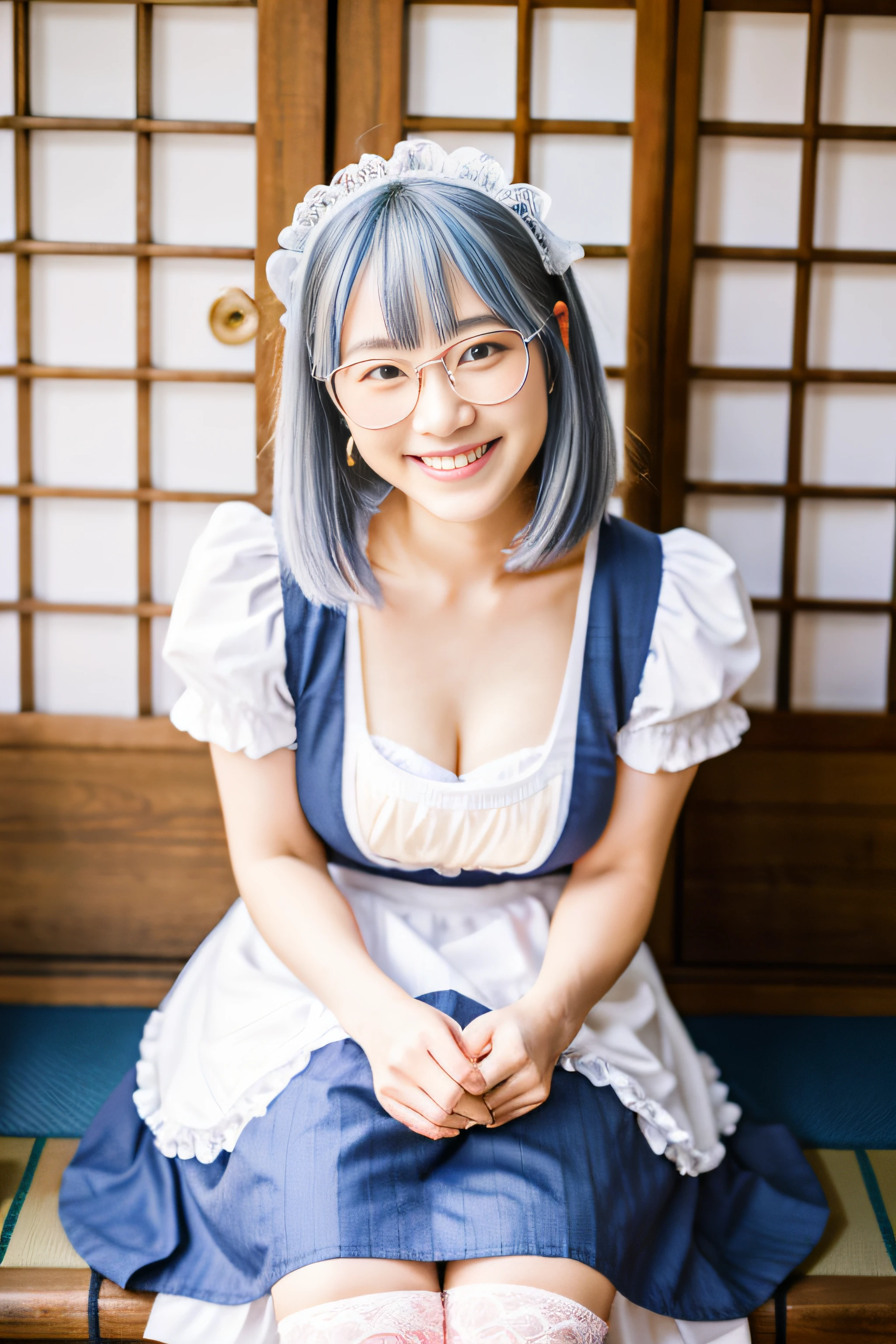 ROW Photos、High quality、Beautiful girl in Japan、18year old、A smile、A slight smil、Soio、Cute sexy maid outfit in white and pink tones、From the knee up、Round glasses、Blue-gray hair color、Silver hair color、Maid Cafe、E Cup Breast、White over-knee socks、garterbelts、