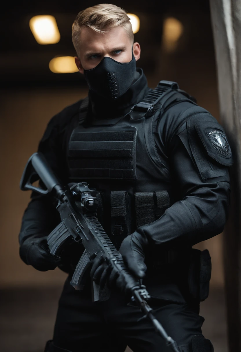 The photo captures a confident, determined adult masked man with striking blond hair and piercing blue eyes. Hands behind back He is dressed in a sleek, highly detailed tactical black SWAT suit, exuding an aura of readiness and vigilance. His posture radiates a sense of strength and preparedness, suggesting a vigilant protector ready to tackle any challenge. The attire accentuates his focused demeanor, symbolizing an unwavering commitment to upholding safety and security.