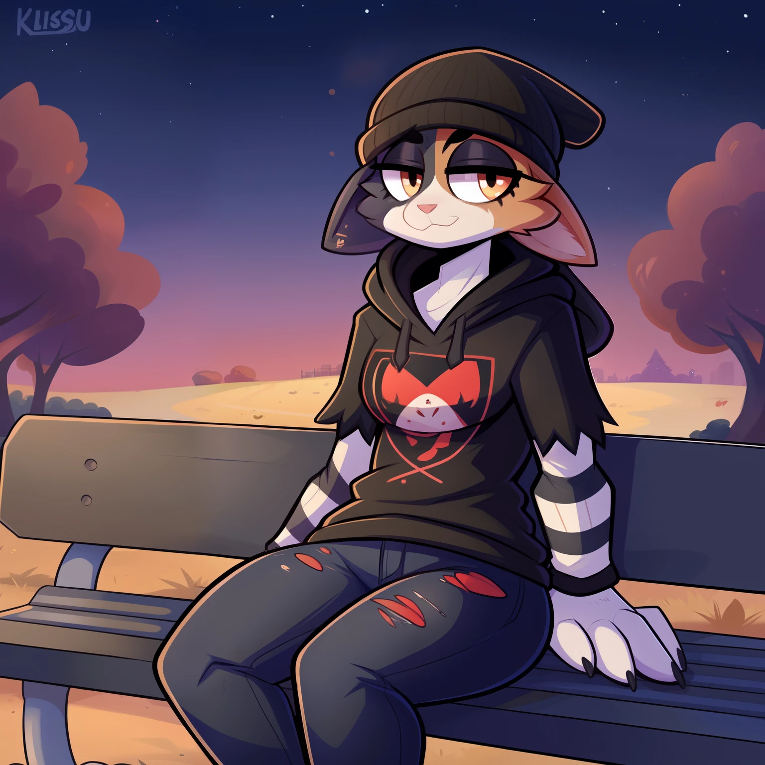 (best quality, masterpiece:1), solo, (shaded face:1.2), furry female anthro meowskulls, (noseless:1.1), sitting on bench, tail, medium breasts, bored, looking away, closed mouth, (mocking smile), (shivering:1.2), half-closed eyes, beanie, black hoodie, striped sleeves, black jeans, (park background, night), (by Kilinah, by Coffeesoda, by Hioshiru, by Kilinah)