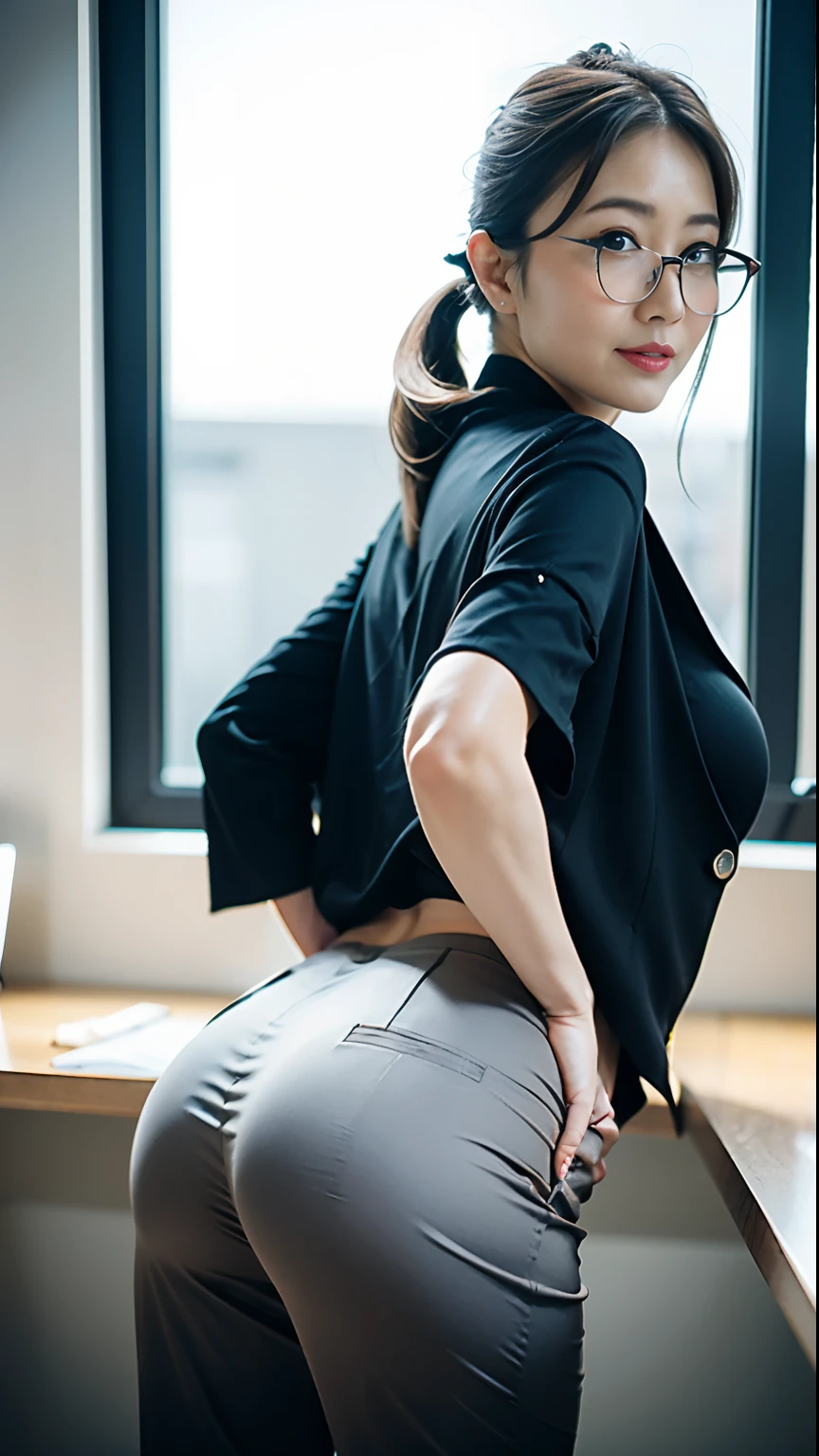 (Best quality, 8k, 32k, Masterpiece, UHD:1.2), from behind, 1 walking girl, beautiy Japanese office lady, glasses, (smile:0.5), (looking at the viewer), bit chubby, grey suit, grey mini skirt, open jacket, office room, desk, (huge breasts, buttocks:1.2), detailed beautiful face, pony-tail hair, from below, raise one leg, satin skirt, ((protruding ass)), formal trouser, formal pant