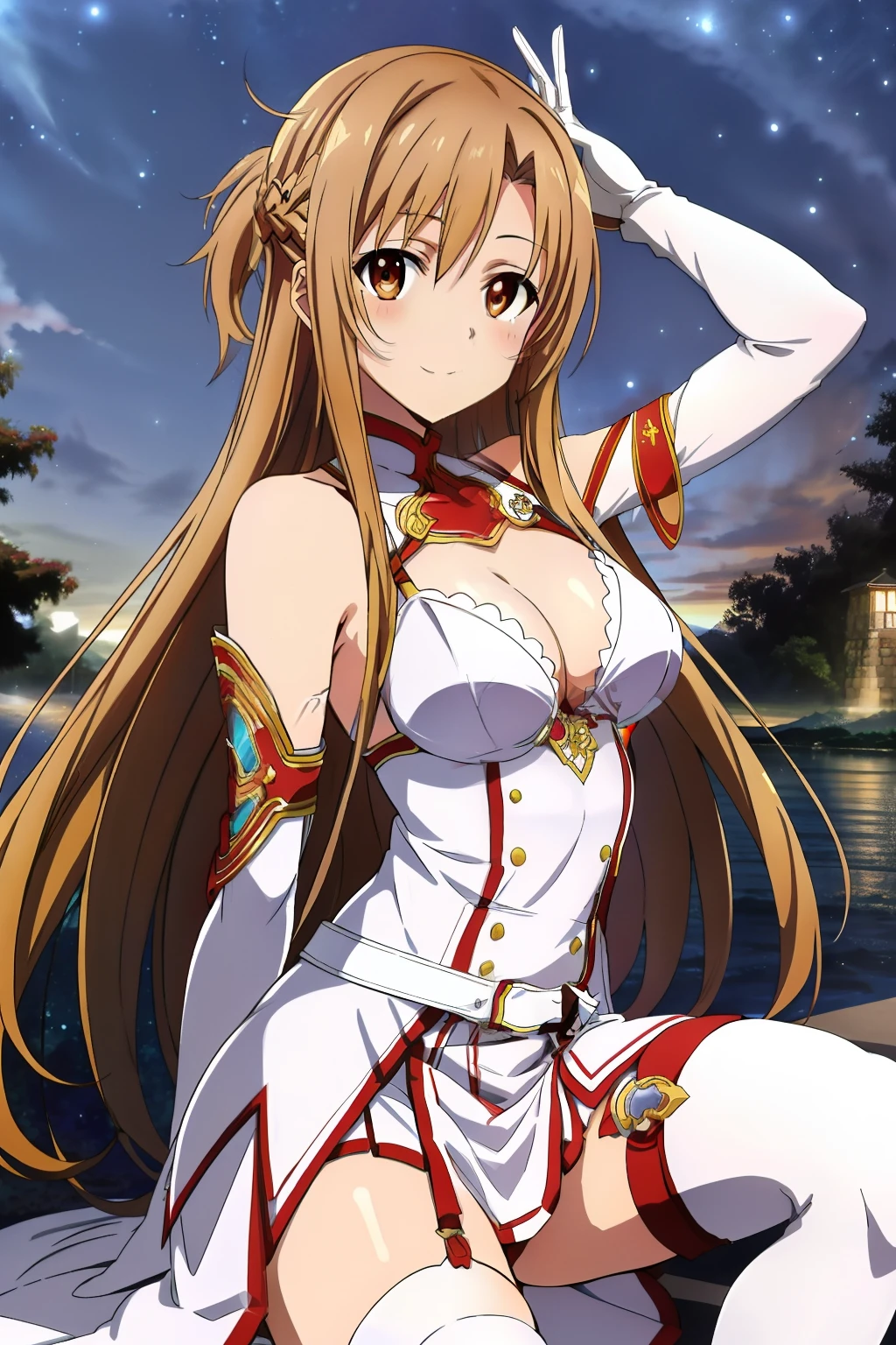 Yuuki Asuna, anime style beautiful woman, best quality, perfectanatomy, ultra detailed, 1girl, solo, breasts, athletic body, good hands, good legs, good knees, night sky, stars, long hair, medium breasts, looking at viewer, happy, bangs, brown hair, thighhighs, gloves, dress, cleavage, bare shoulders, brown eyes, very long hair, crossing legs, white gloves, white dress, armor, white thighhighs, garter straps, white armor,