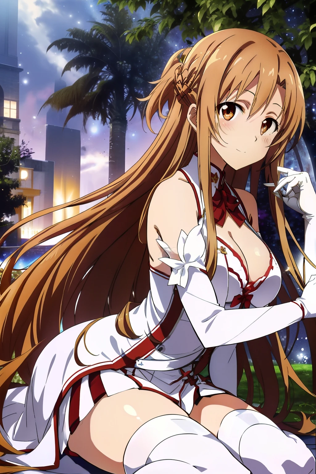 Yuuki Asuna, anime style beautiful woman, best quality, perfectanatomy, ultra detailed, 1girl, solo, breasts, athletic body, good hands, good legs, good knees, night sky, stars, long hair, medium breasts, looking at viewer, happy, bangs, brown hair, thighhighs, gloves, dress, cleavage, bare shoulders, brown eyes, very long hair, crossing legs, white gloves, white dress, armor, white thighhighs, garter straps, white armor,