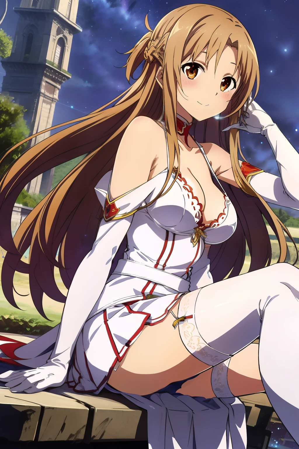 Yuuki Asuna, anime style beautiful woman, best quality, perfectanatomy, ultra detailed, 1girl, solo, breasts, athletic body, good hands, good legs, good knees, night sky, stars, long hair, medium breasts, looking at viewer, happy, bangs, brown hair, thighhighs, gloves, dress, cleavage, bare shoulders, brown eyes, very long hair, crossing legs, white gloves, white dress, armor, white thighhighs, garter straps, white armor,