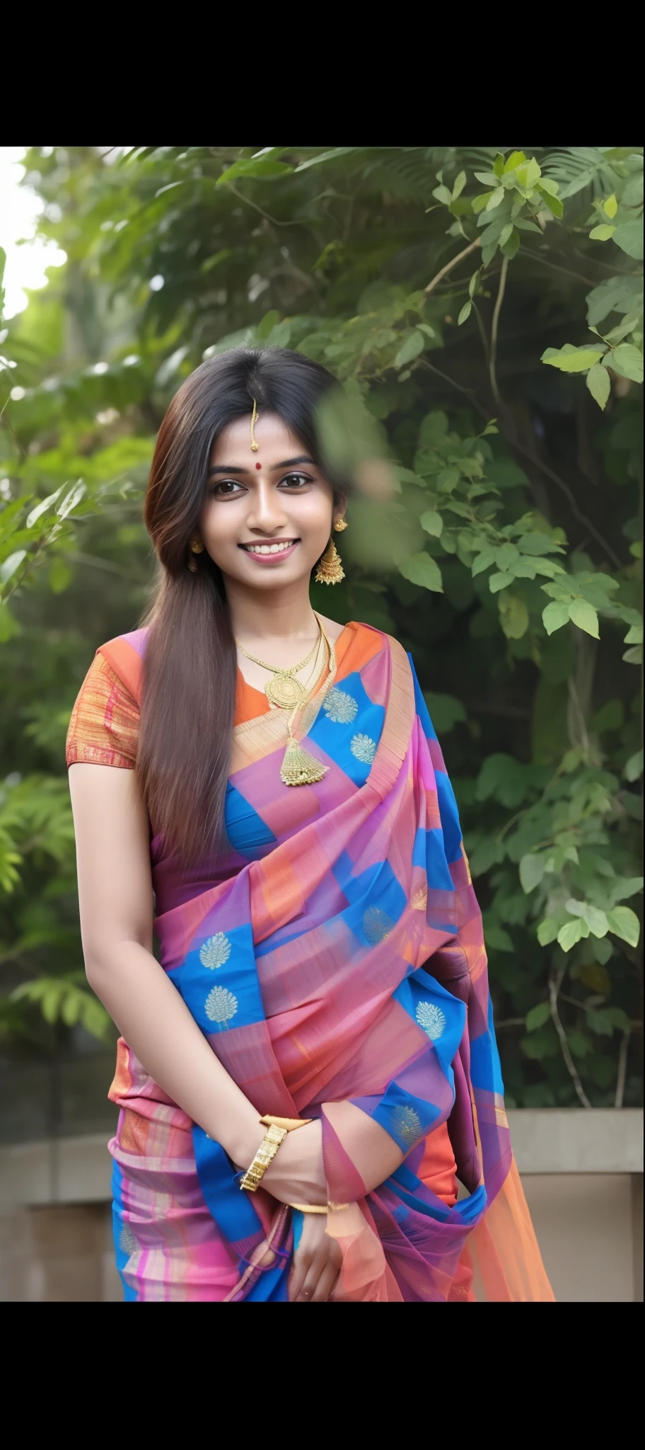 a woman in a colorful sari posing for a picture, dressed in a sari, wearing a sari, traditional beauty, jayison devadas, wearing sari, indian girl with brown skin, candid picture, devainart, sharandula, 30 years old woman, 3 0 years old woman, nivanh chanthara, wearing traditional garb, indian