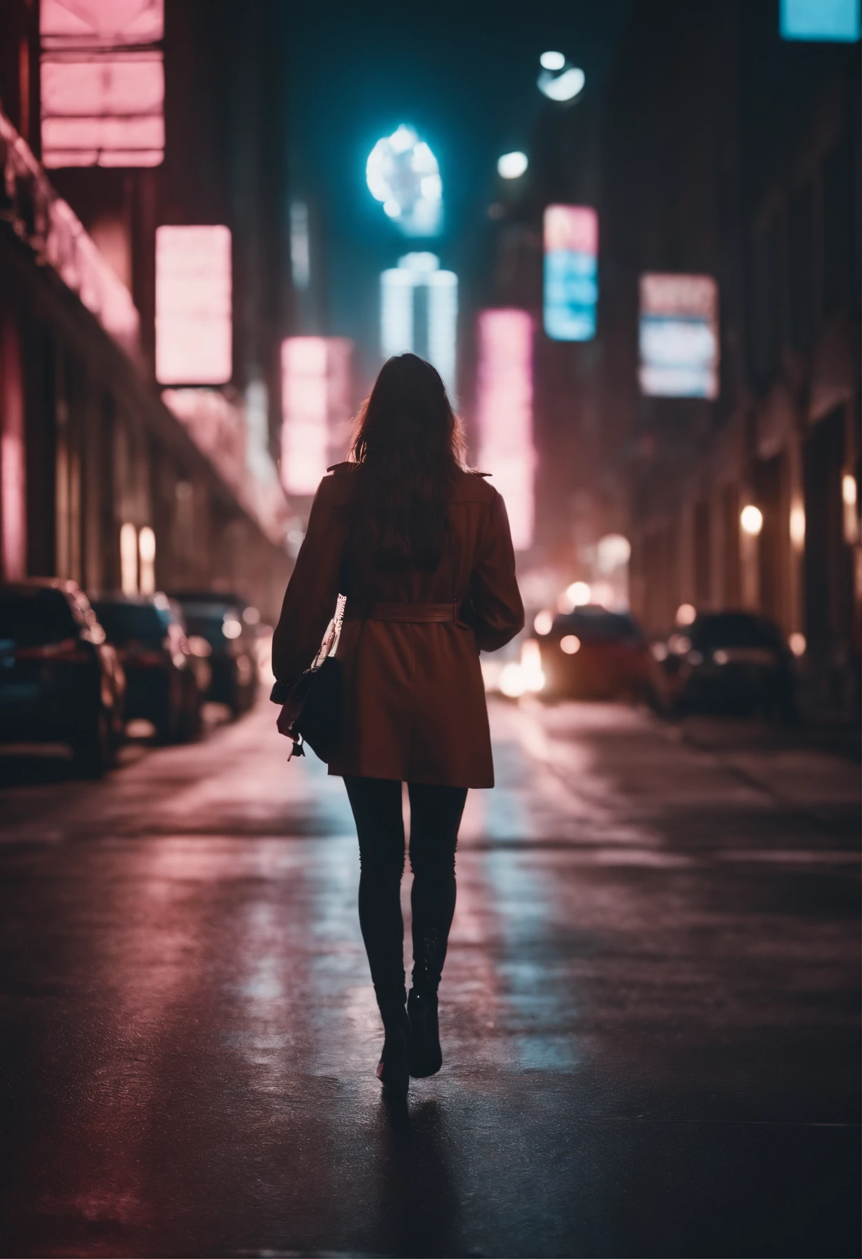 woman walking down a street in a big city, synthwave style