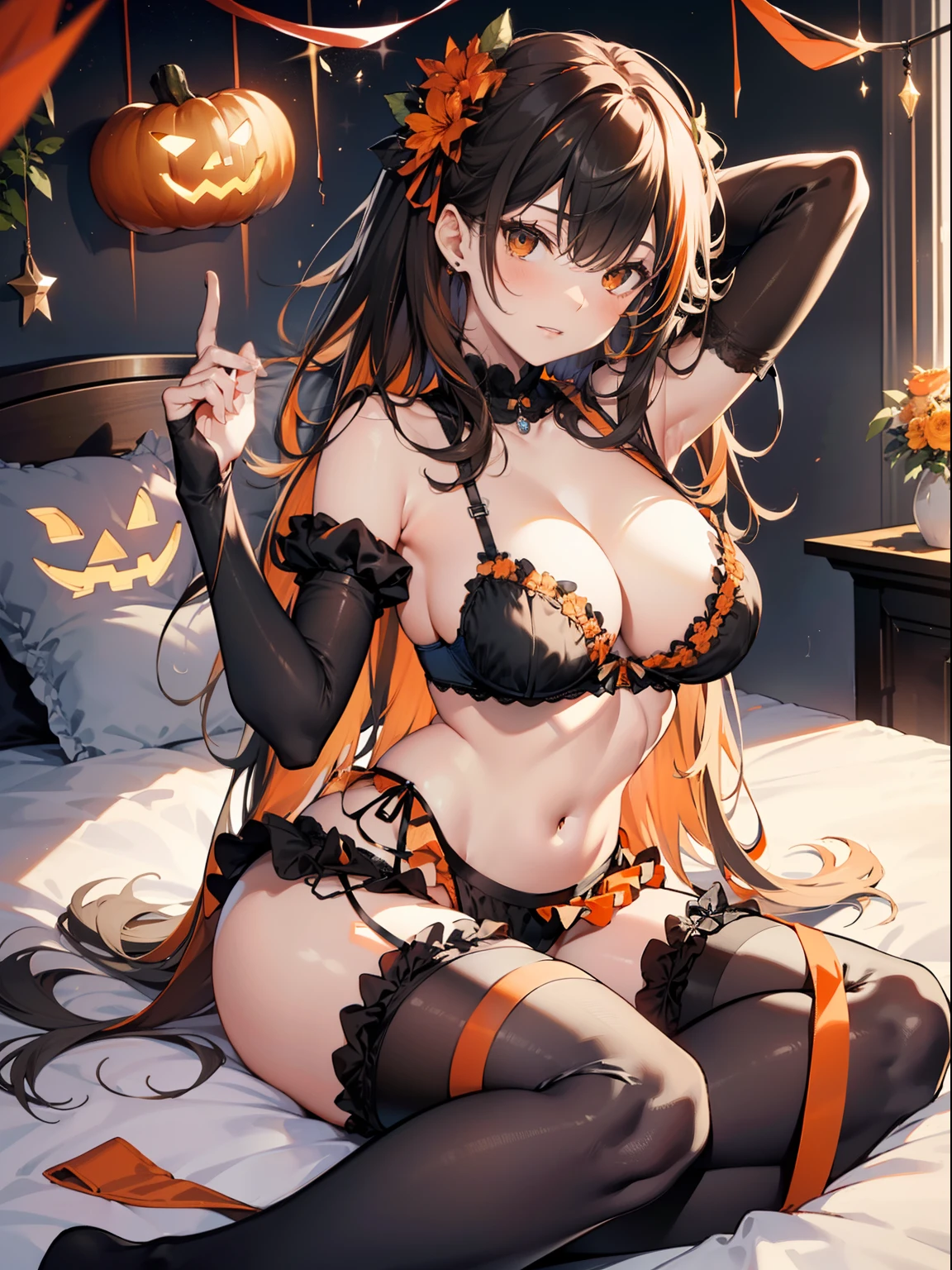 top-quality、Full limbs、complete fingers、One beautiful woman、Beautiful Large 、Brown-haired woman、straight haired、Halloween Party、(ck and orange bra、Black and orange bloomers)))、Halloween Cosplay、Naughty Poses、Naughty face、((Woman lying on bed with her head on a fluffy pillow、Place the right side of the body on the bed))、Woman with open legs、Woman in naughty pose