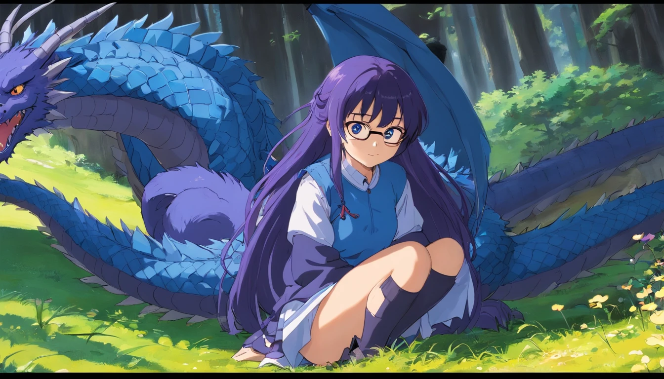 Dragon Girl Anime Version of 1.68 cm de estatura cabello negro con degradado azul largo hasta los gluteos, con medias a rayas blancas y negras, cuernos que salen de su frente Izquierdo negro y derecho blanco, Ojos de color distinto azul izquierdo y derecho morado, usa lentes, usa un top de mangas largas con una falda mediana negra y botas largas negras