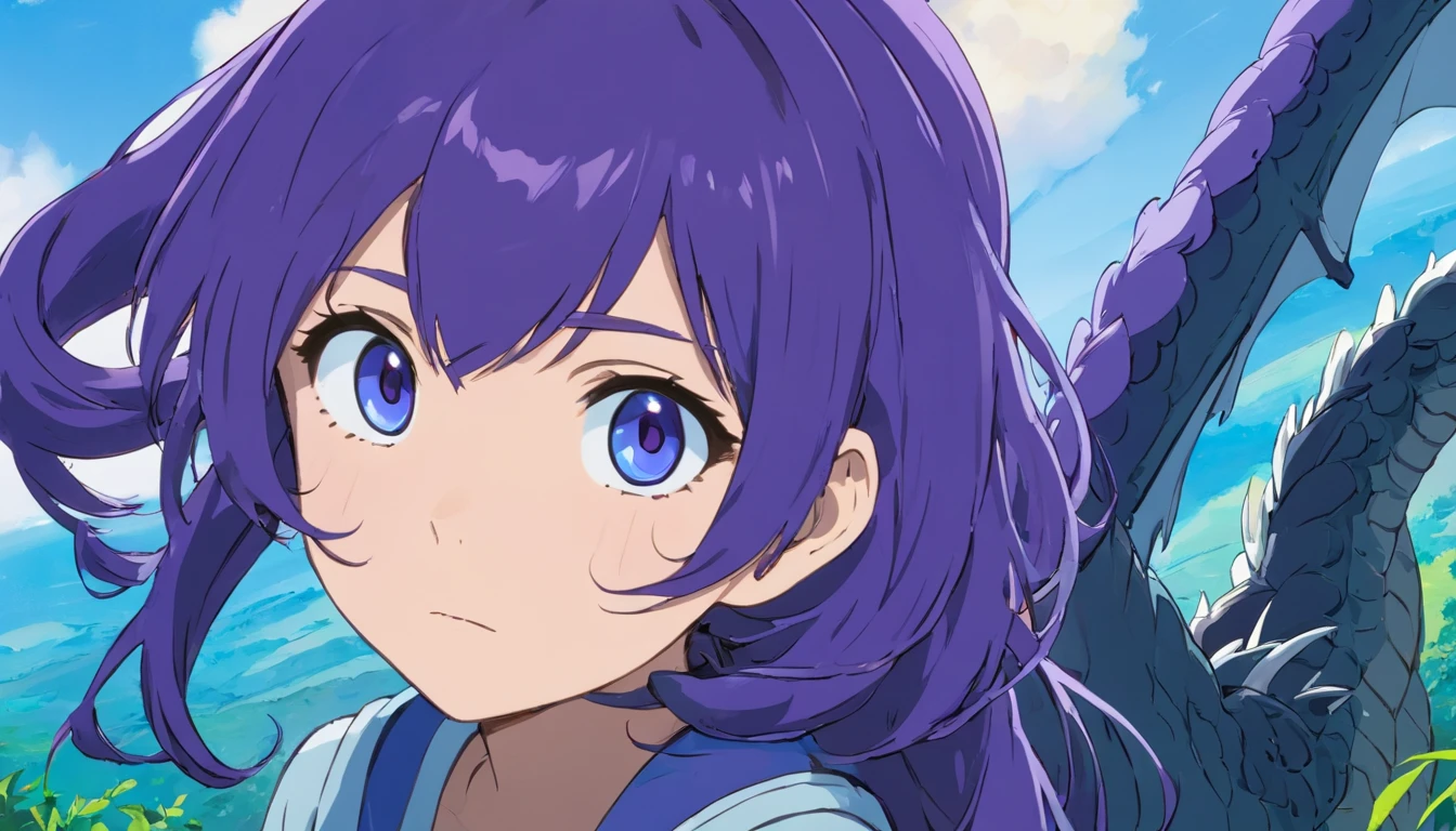 Dragon Girl Anime Version of 1.68 cm de estatura cabello negro con degradado azul largo hasta los gluteos, con medias a rayas blancas y negras, cuernos que salen de su frente Izquierdo negro y derecho blanco, Ojos de color distinto azul izquierdo y derecho morado, usa lentes, usa un top de mangas largas con una falda mediana negra y botas largas negras