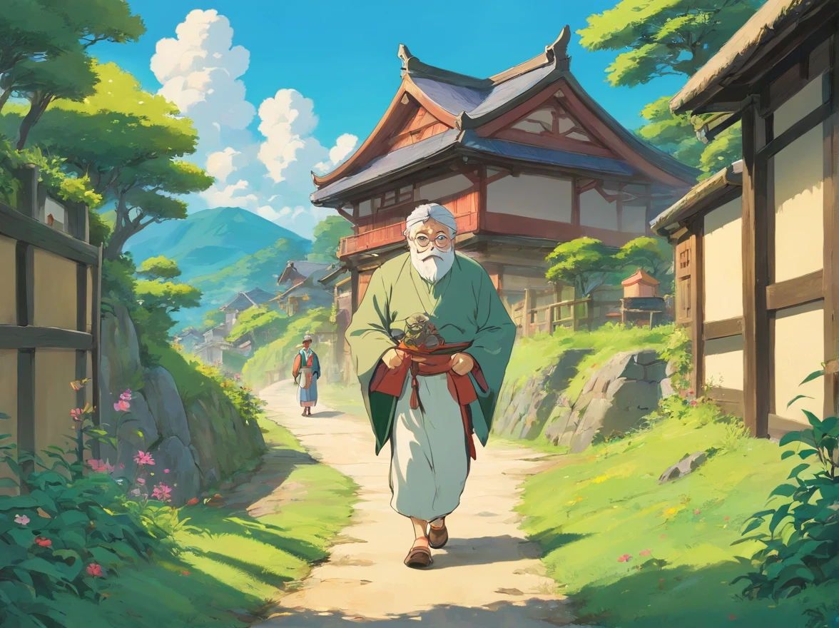 An uncle,Walking on a small road,An uncle walks on a path,Wearing ethnic minority clothes,Wearing ethnic minority clothes