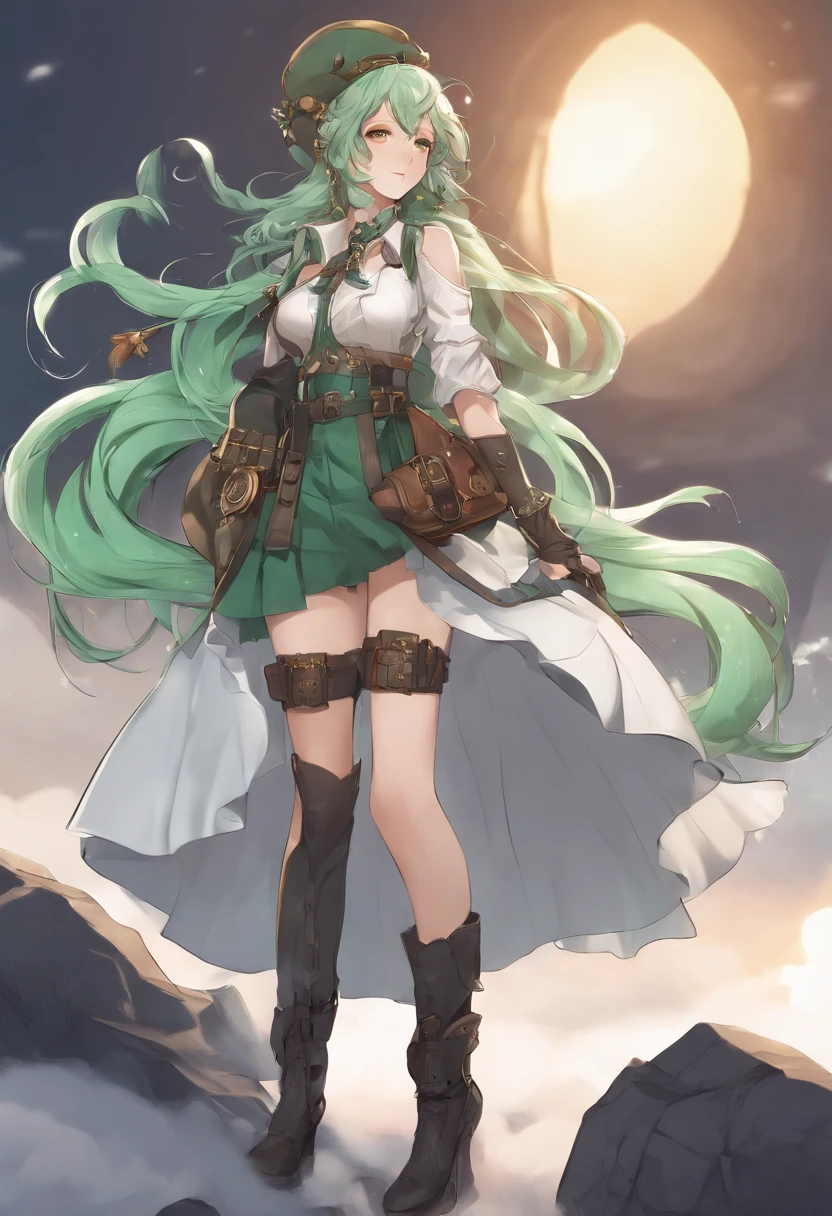 ((Live 2D)) masutepiece, 1girl in, Full body, standing straight, Steampunk clothes, military outfits, Looking at Viewer, Detailed face, Girl with green wavy hair, Bangs, Metal sheep horns, Gradient Hair, multicolored hair, light green hair, Turquoise Hair Tips, Wavy Hair, Gradient Eyes, Orange Eyes, (Simple background, White background: 1.3)