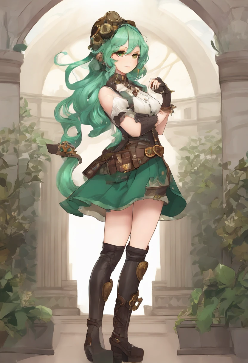 ((Live 2D)) masutepiece, 1girl in, Full body, standing straight, Steampunk clothes, military outfits, Looking at Viewer, Detailed face, Girl with green wavy hair, Bangs, Metal sheep horns, Gradient Hair, multicolored hair, light green hair, Turquoise Hair Tips, Wavy Hair, Gradient Eyes, Orange Eyes, (Simple background, White background: 1.3)