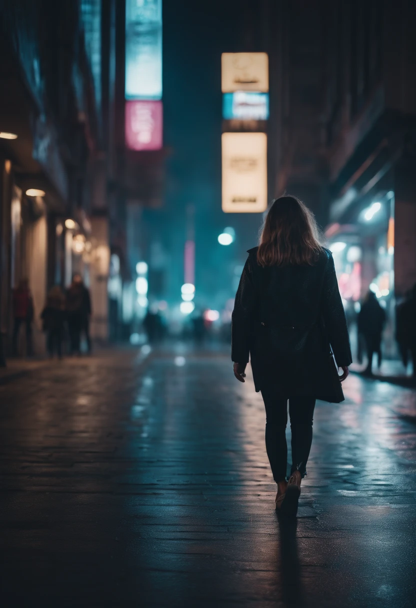 woman walking down a street in a big city, synthwave style