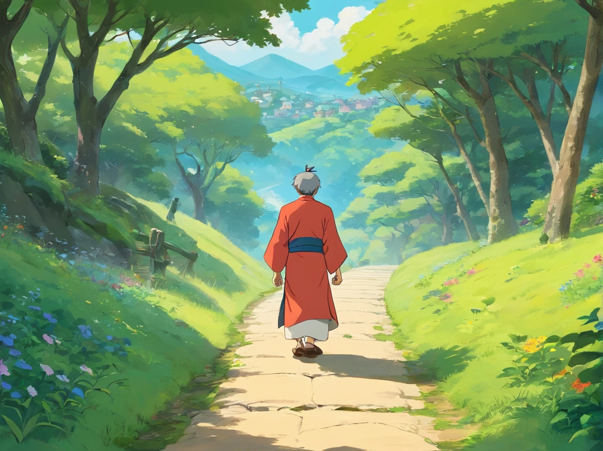 An uncle，Walking on a small road，An uncle walks on a path，Wearing ethnic minority clothes，Wearing ethnic minority clothes，With his back to the camera