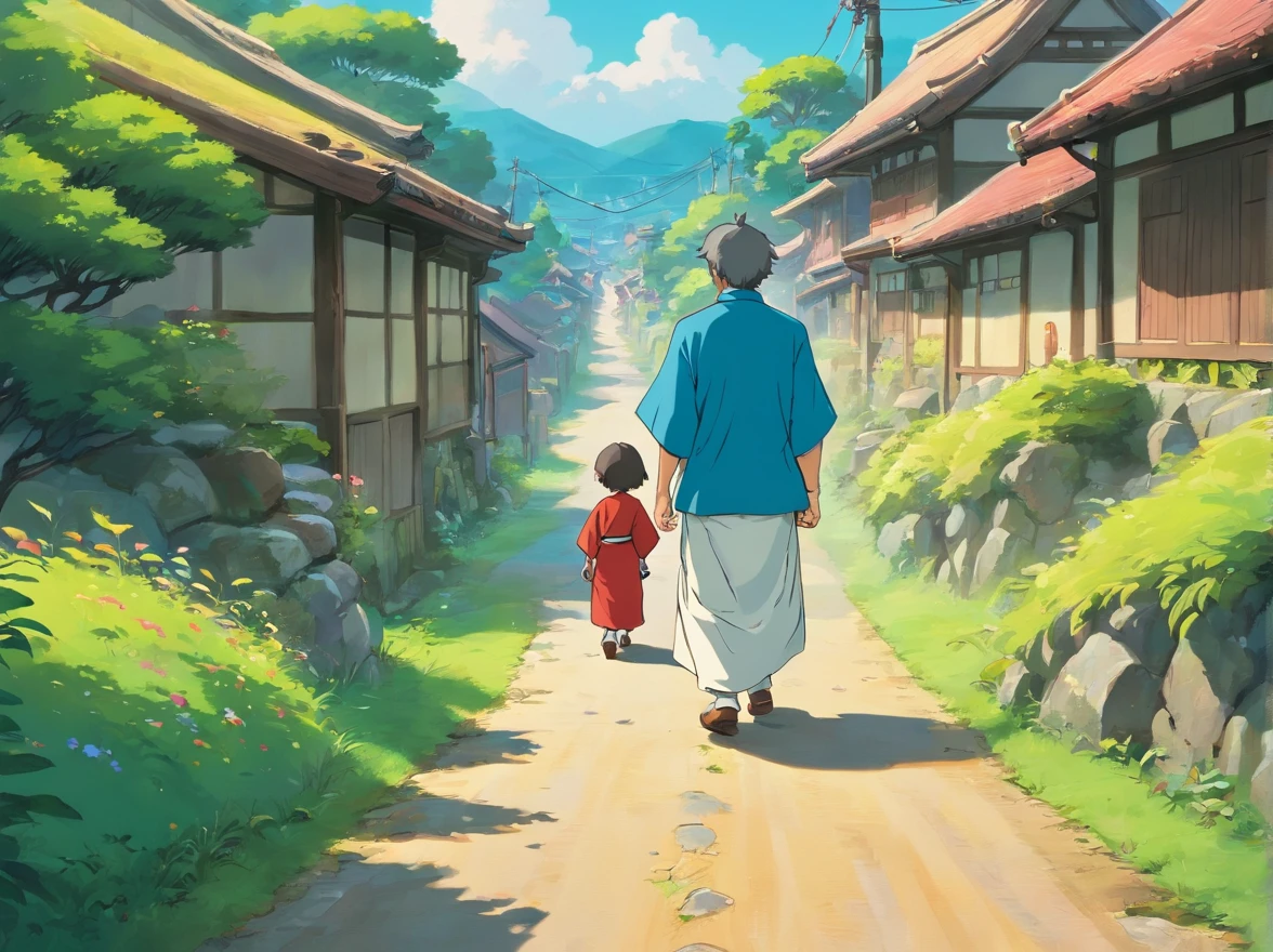 An uncle,Walking on a small road,An uncle walks on a path,Wearing ethnic minority clothes,Wearing ethnic minority clothes,With his back to the camera