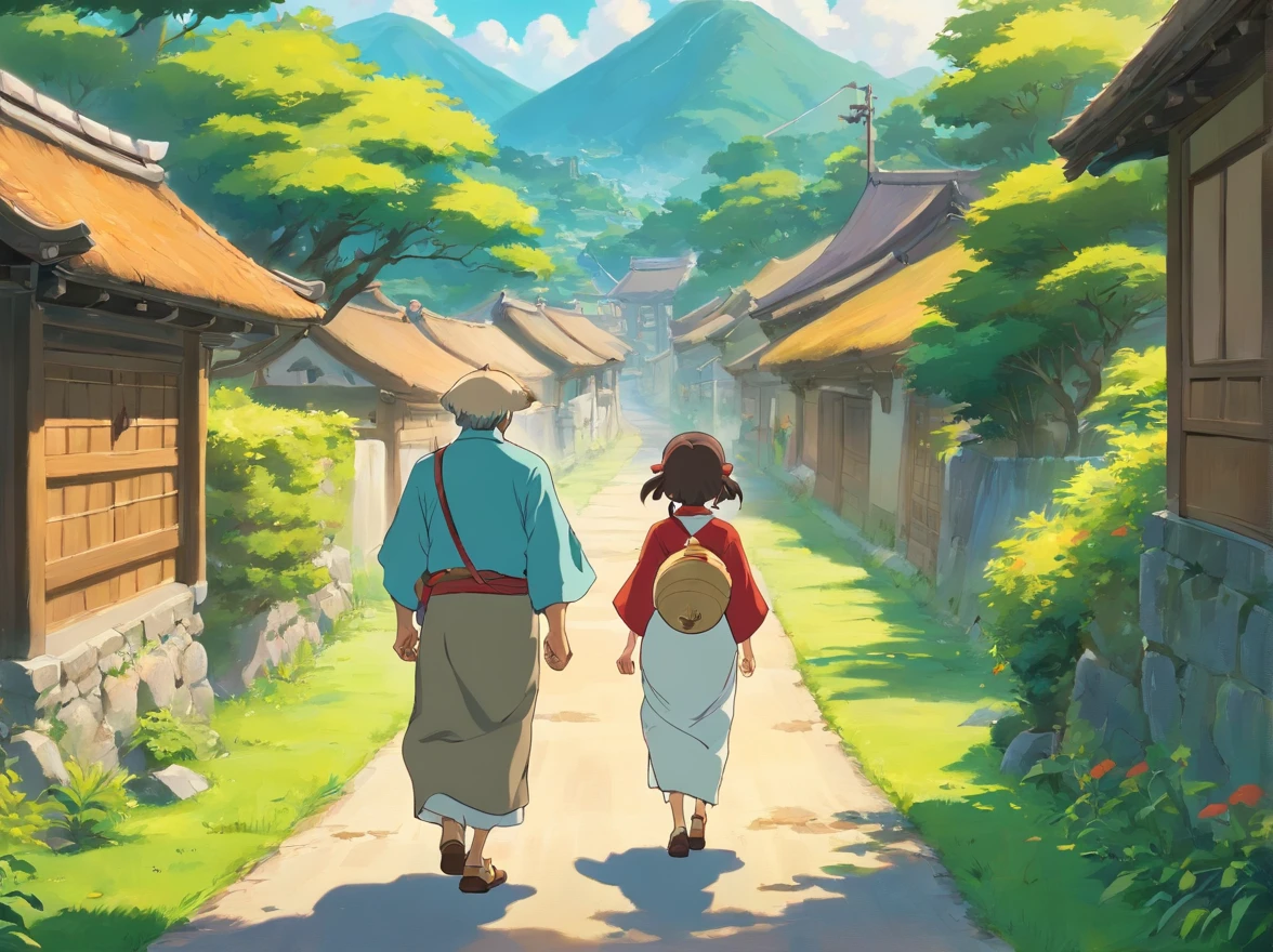 An uncle,Walking on a small road,An uncle walks on a path,Wearing ethnic minority clothes,Wearing ethnic minority clothes,With his back to the camera