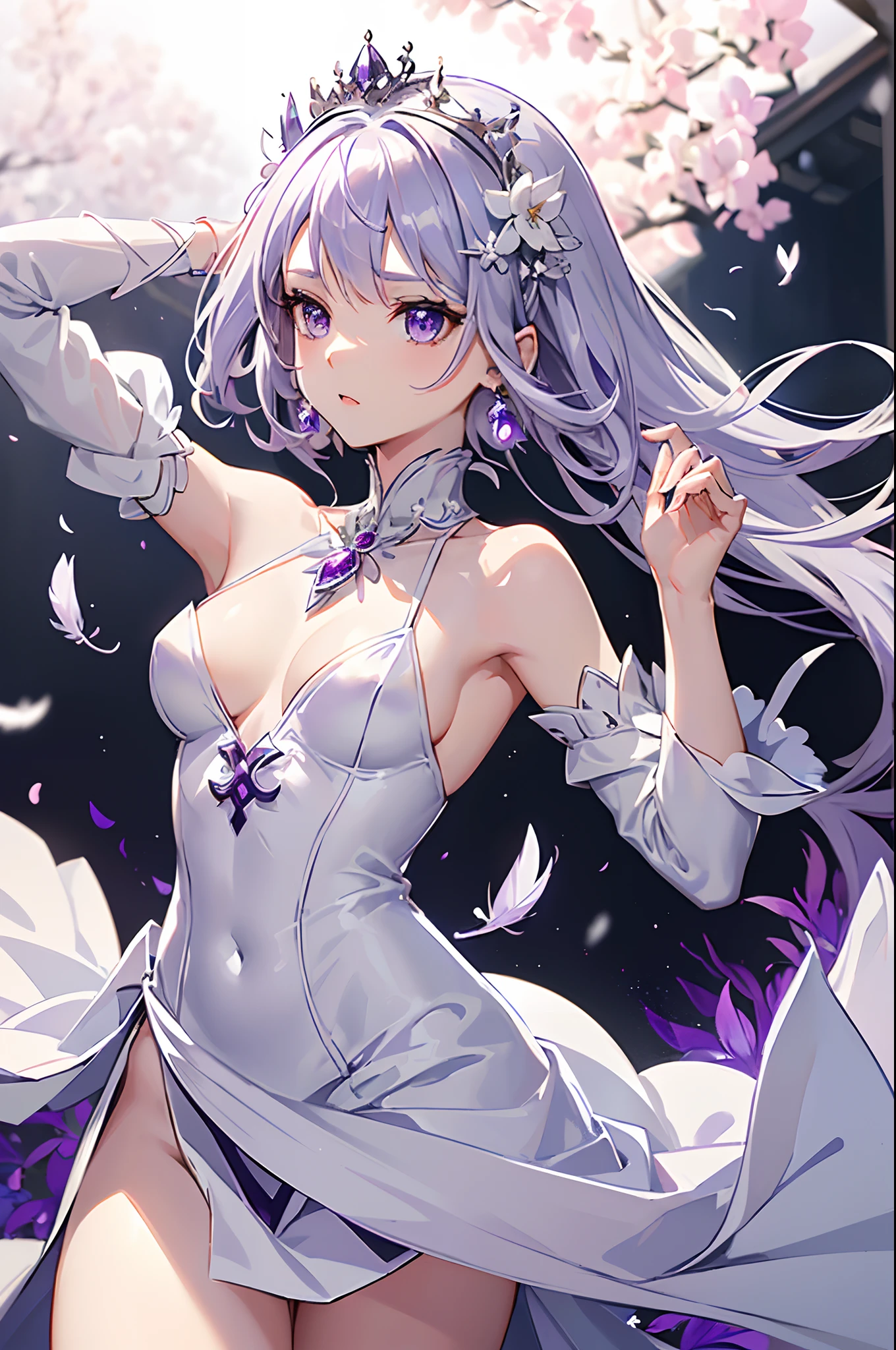 Emilia princess from Re:Zero kara Hajimeru Isekai Seikatsu, half elf, ((gorgeous white and purple elegant silk wedding dress, holding a bunch of clematis, silk accesory, veil, silver necklace, diamond ring, flower earring, belt, collar, silver crown, white silk legging)), grace hair style, garden background, ((perfect body shape, small breast, empress and forzen aura, flower and feather flying effect， detailed skin, silver and light purple pupil)), heavy make up, best quality anime 4k wallpaper quality, extreme eye and body detail， energetic girl, spirit around, high resolution , masterpieces