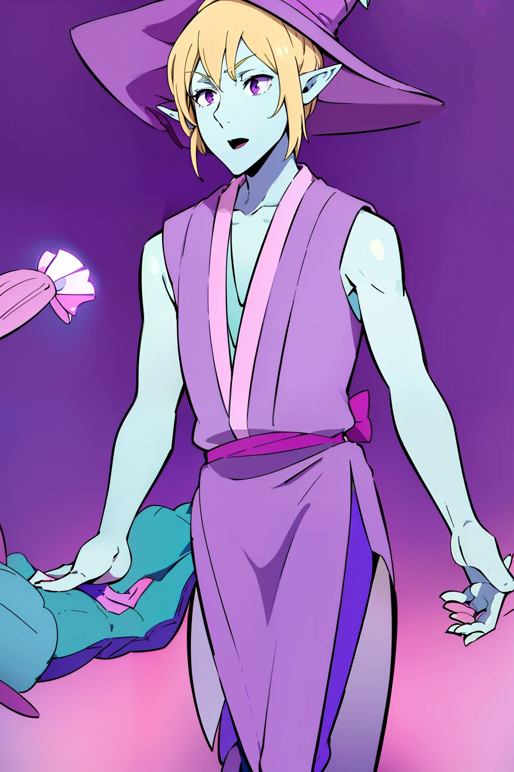Taako, 1boy, elf, colored skin, mint green skin, blonde hair, long pointy ears, pointy nose, purple eyes, purple witch hat, long purple robe, pink obi, white blouse, blue pants, dark blue boots, navy blue skirt, perfect anatomy, solo, Yukiyoshi Mamizu Style