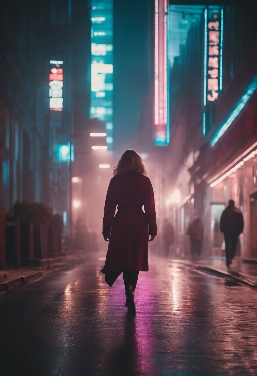 woman walking down a street in a big city, synthwave style