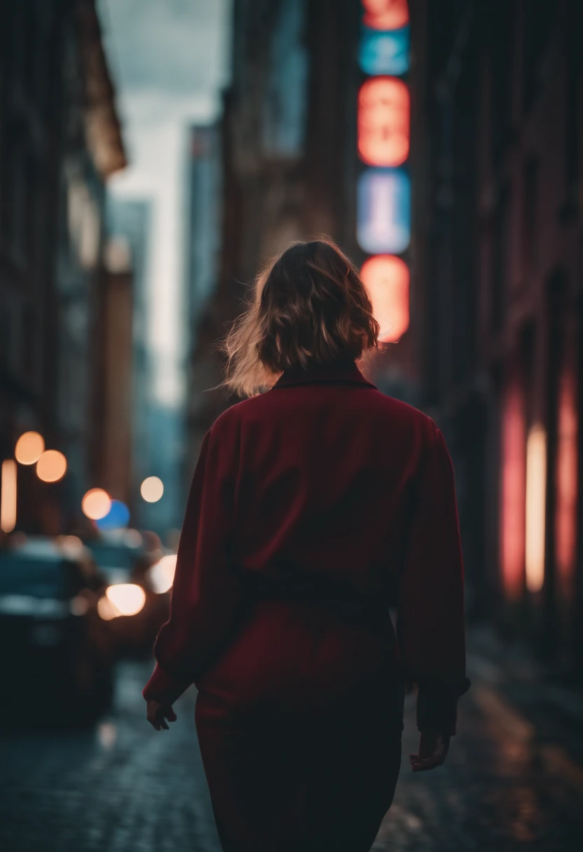 woman walking down a street in a big city, synthwave style