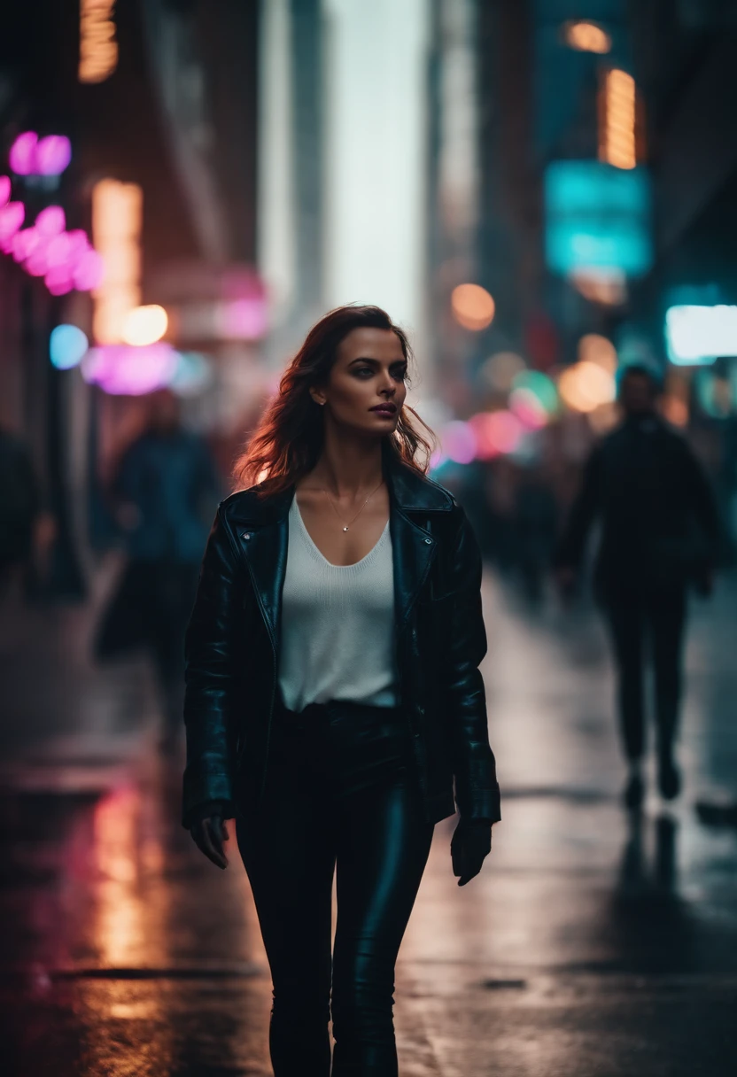 woman walking down a street in a big city, synthwave style