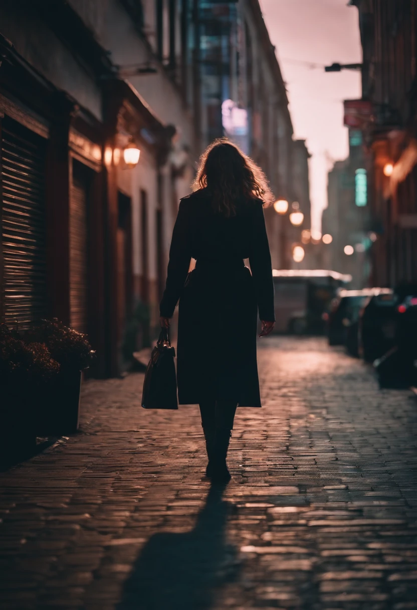 woman walking down a street in a big city, synthwave style